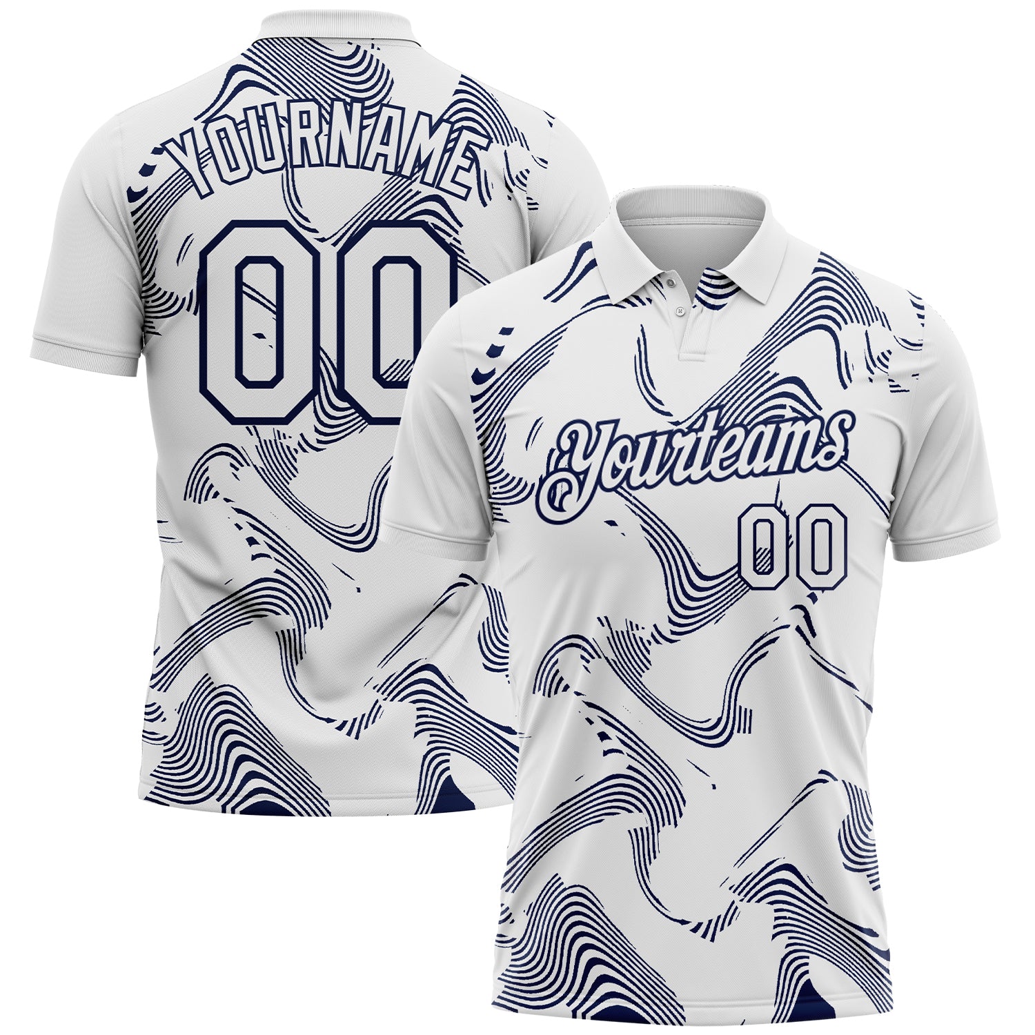 Custom White-Navy 3D Pattern Abstract Fluid Swirl Line Performance Polo Shirt