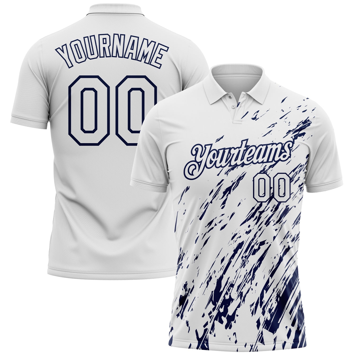 Custom White-Navy Paint Stroke Grunge Streak Performance Polo Shirt