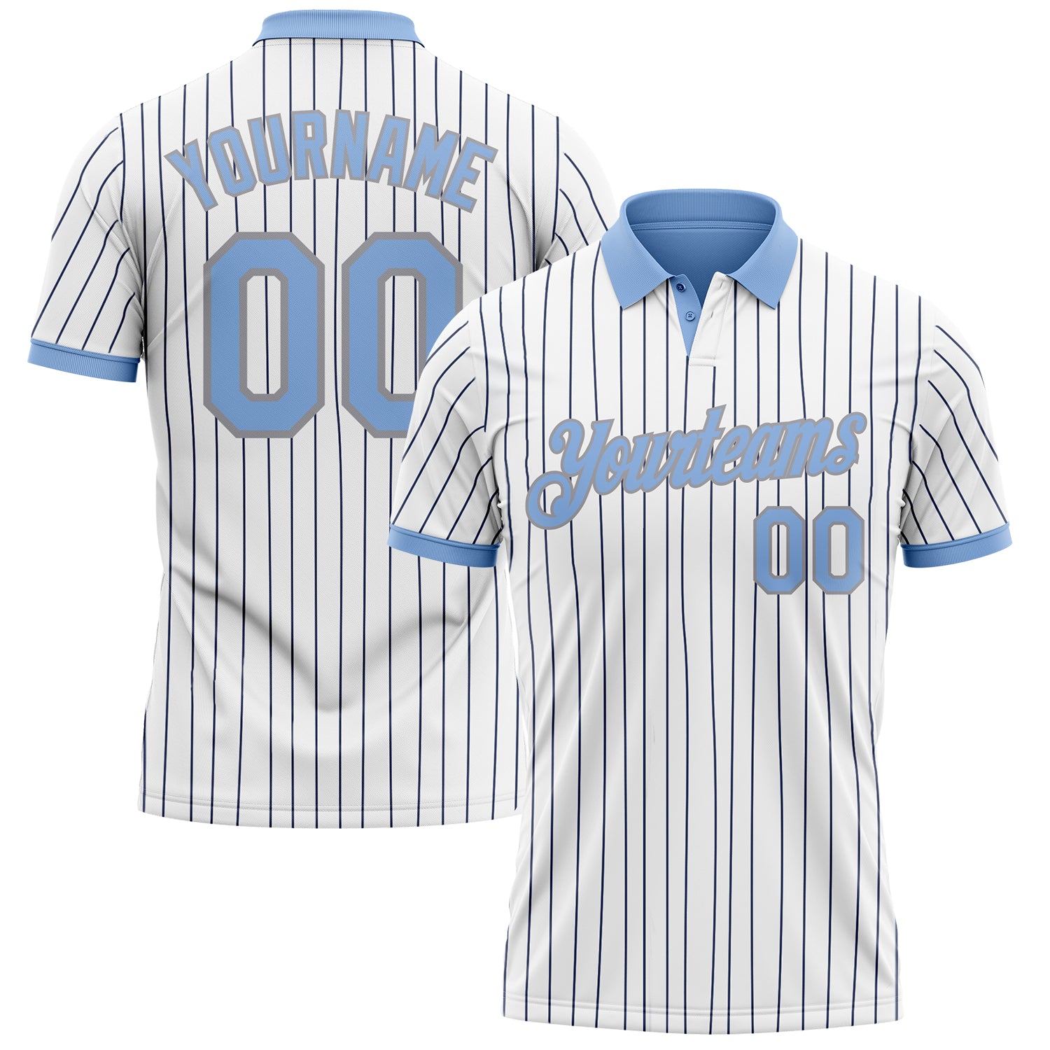 Custom White Navy Pinstripe Light Blue-Gray Performance Polo Shirt