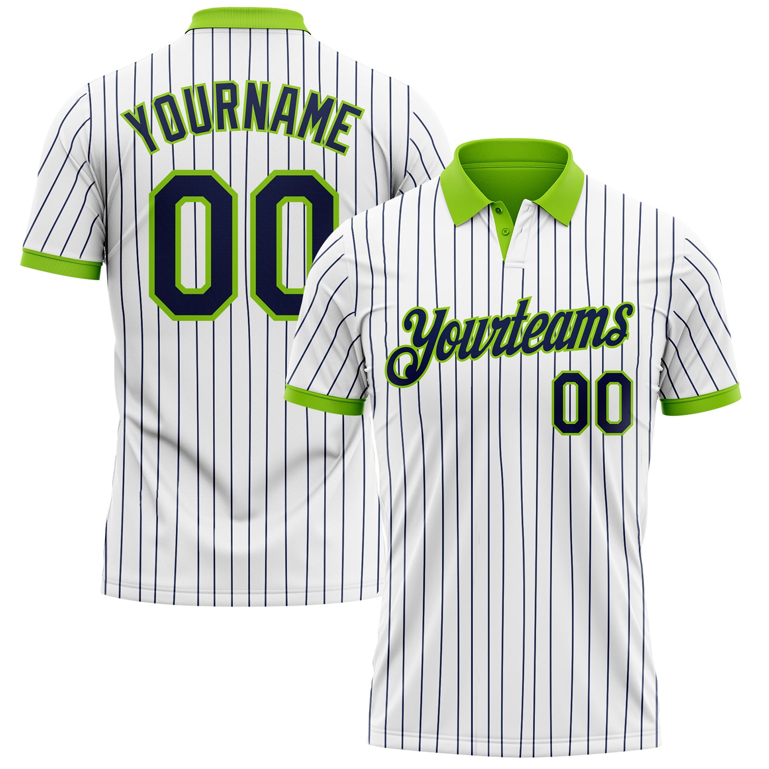 Custom White Navy Pinstripe-Neon Green Performance Polo Shirt