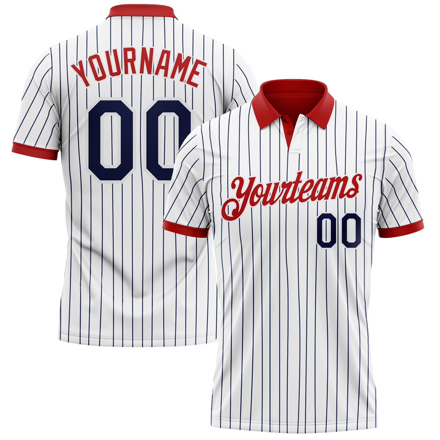 Custom White Navy Pinstripe-Red Performance Polo Shirt