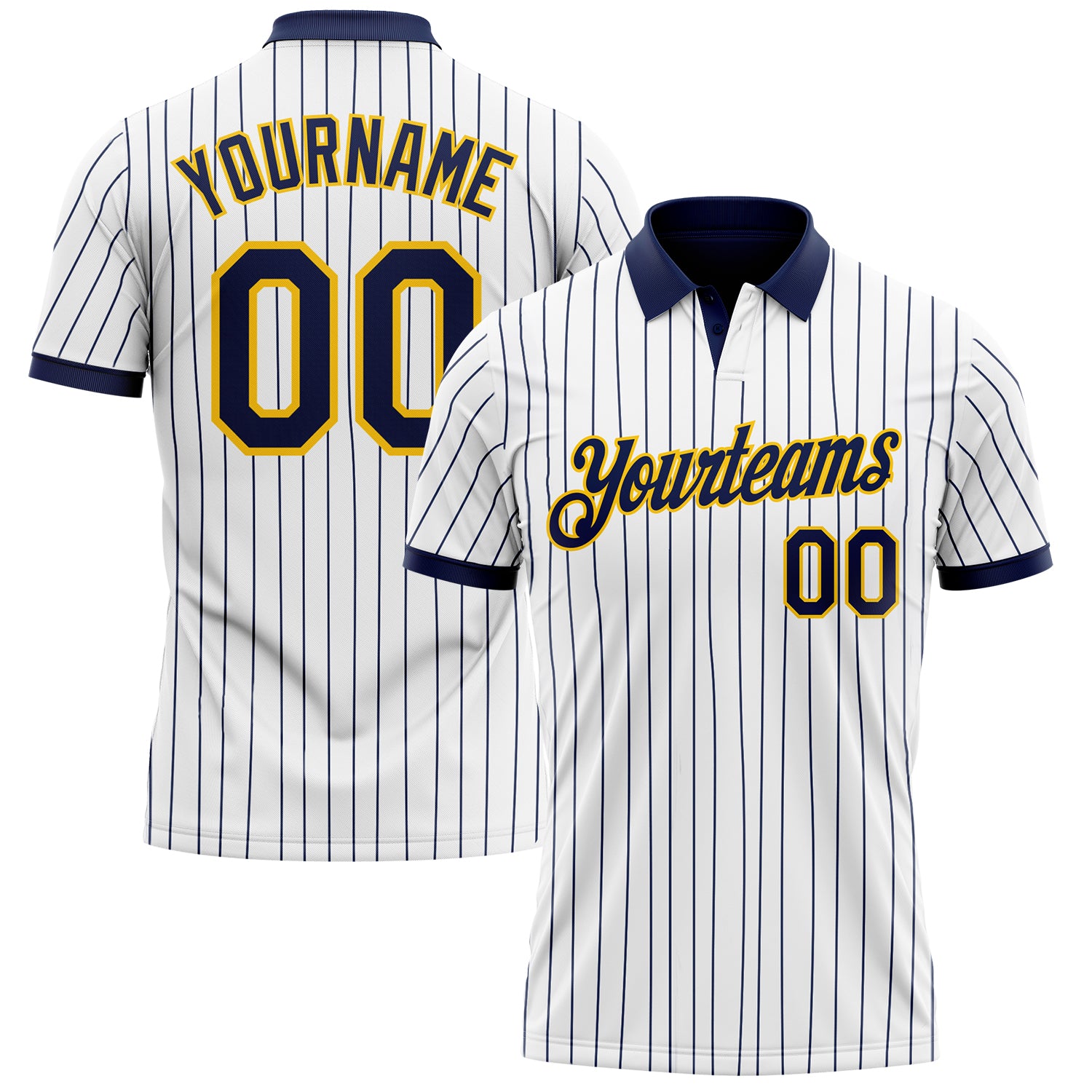 Custom White Navy Pinstripe-Yellow Performance Polo Shirt