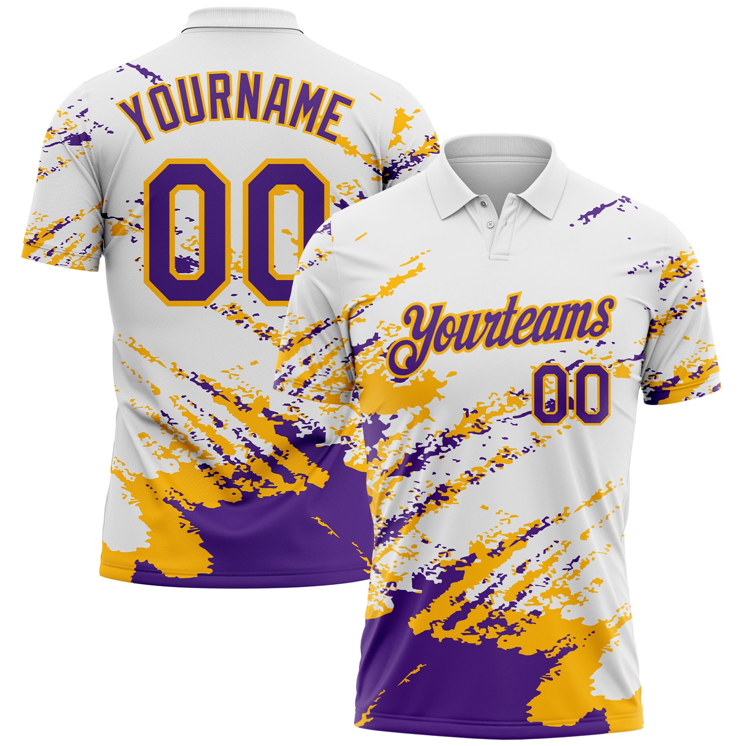 Custom White Purple-Gold Brush Stroke Shatter Splatter Performance Polo Shirt