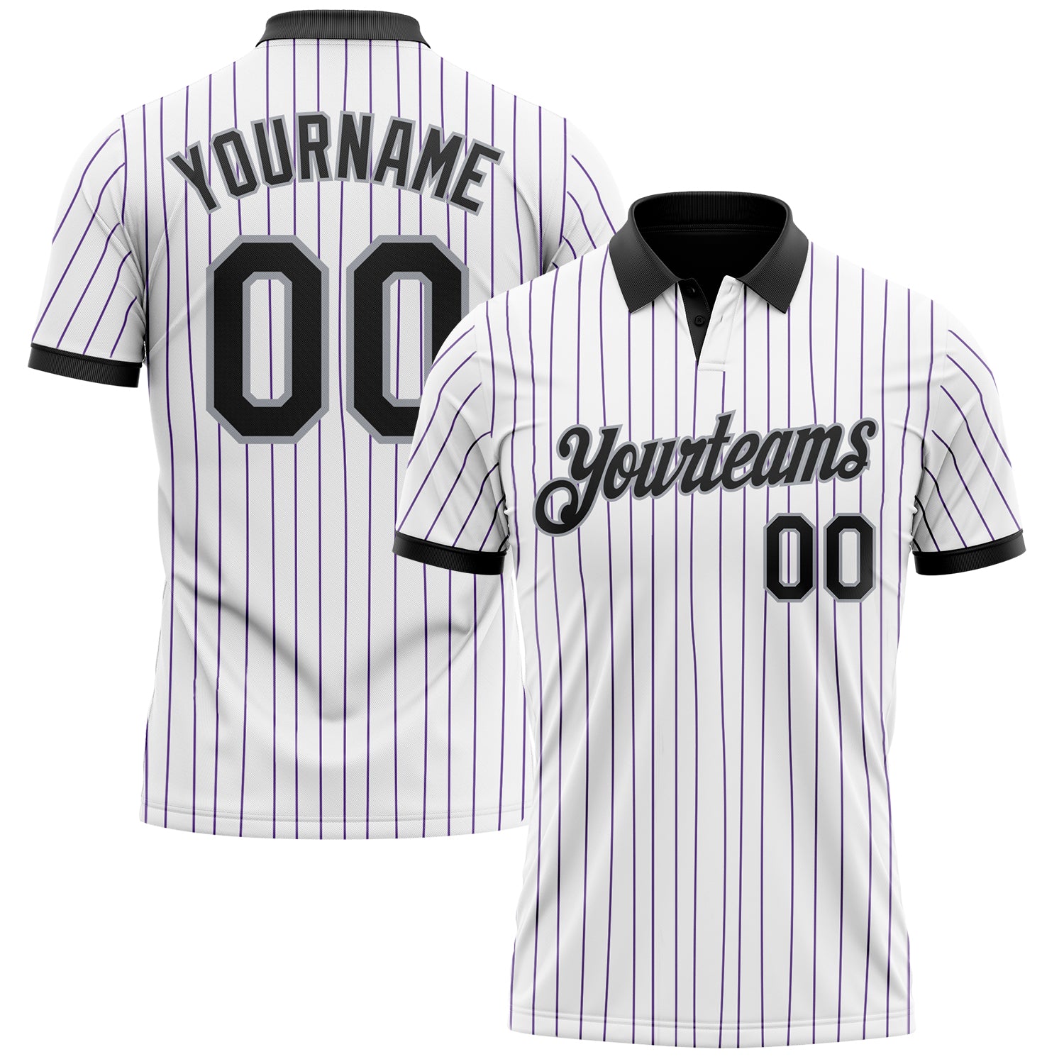Custom White Purple Pinstripe Black-Gray Performance Polo Shirt