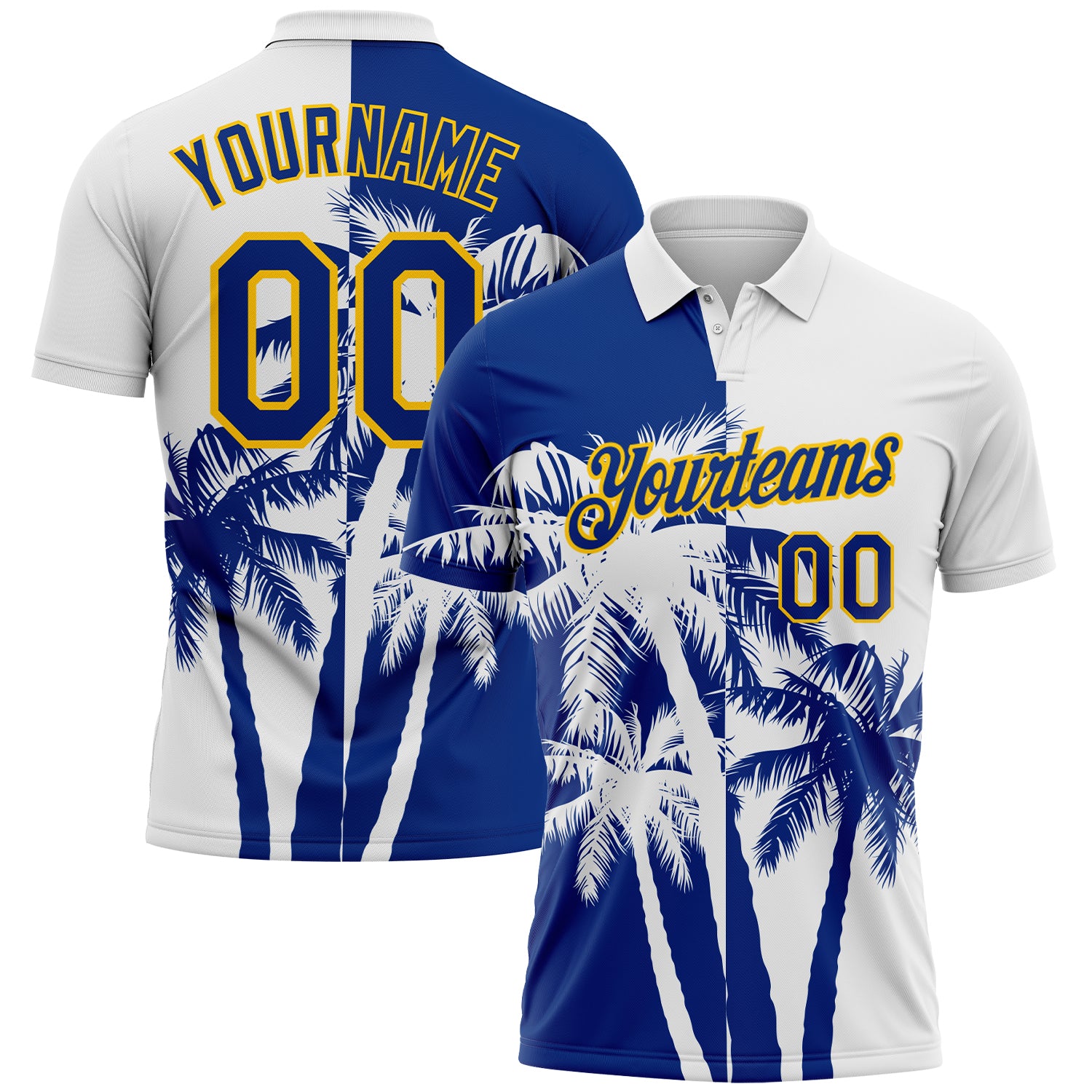 Custom White Royal-Yellow Hawaii Tropical Coastal Palm Trees Performance Polo Shirt