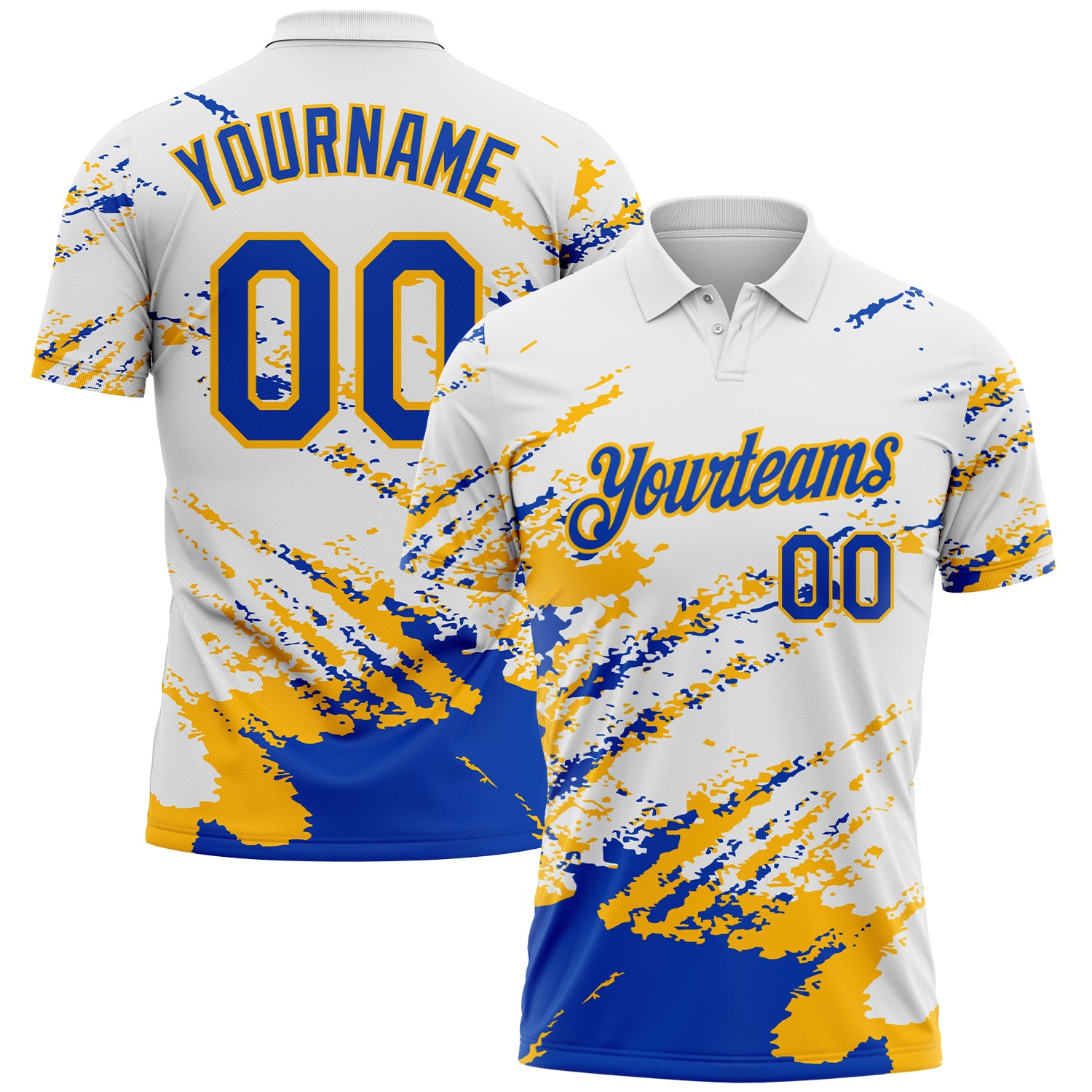 Custom White Thunder Blue-Gold Brush Stroke Shatter Splatter Performance Polo Shirt