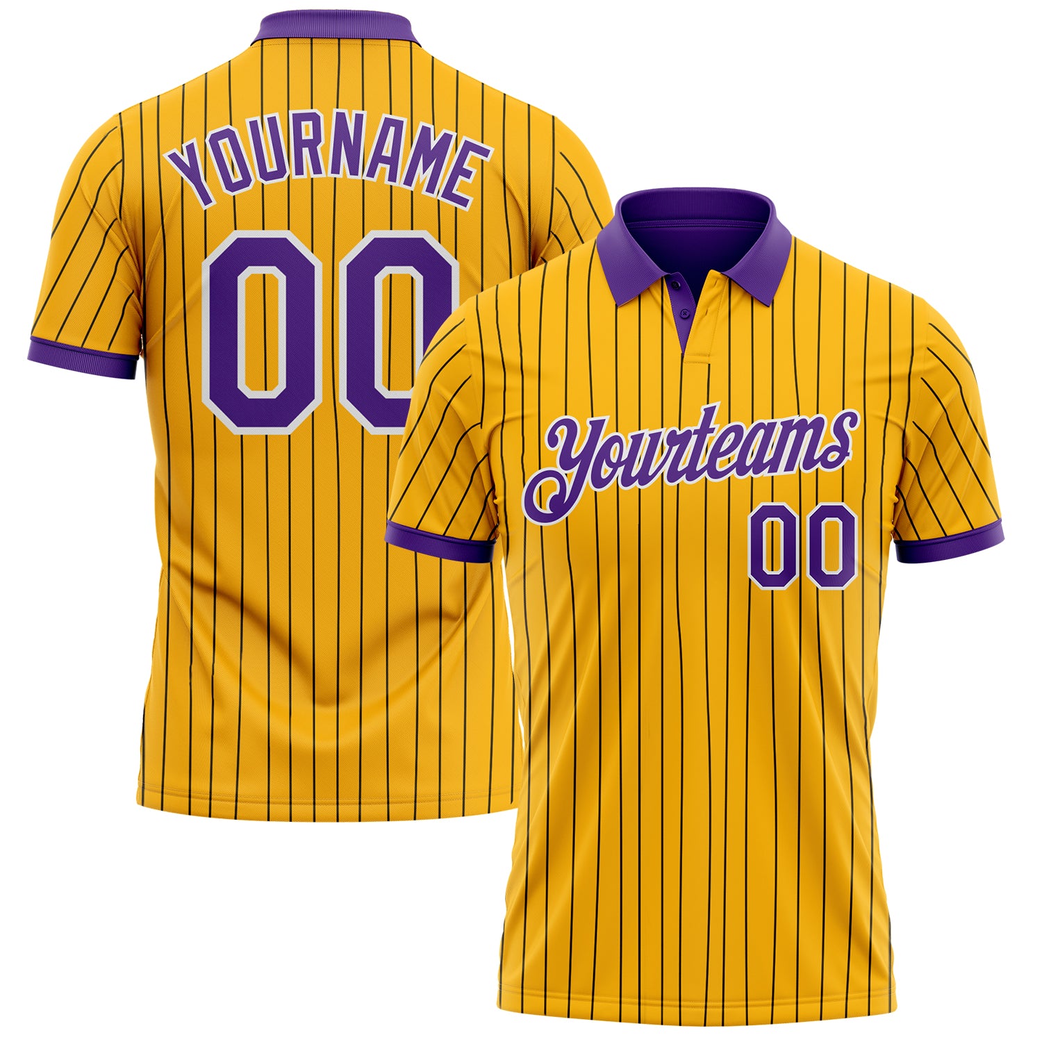 Custom Yellow Black Pinstripe Purple-White Performance Polo Shirt