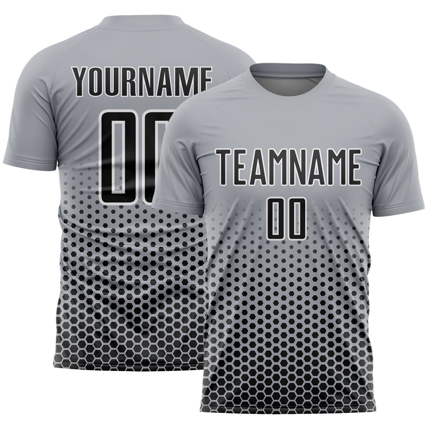Custom Gray Black-White Geometric Hexagonal Dot Gradient Sublimation Soccer Uniform Jersey