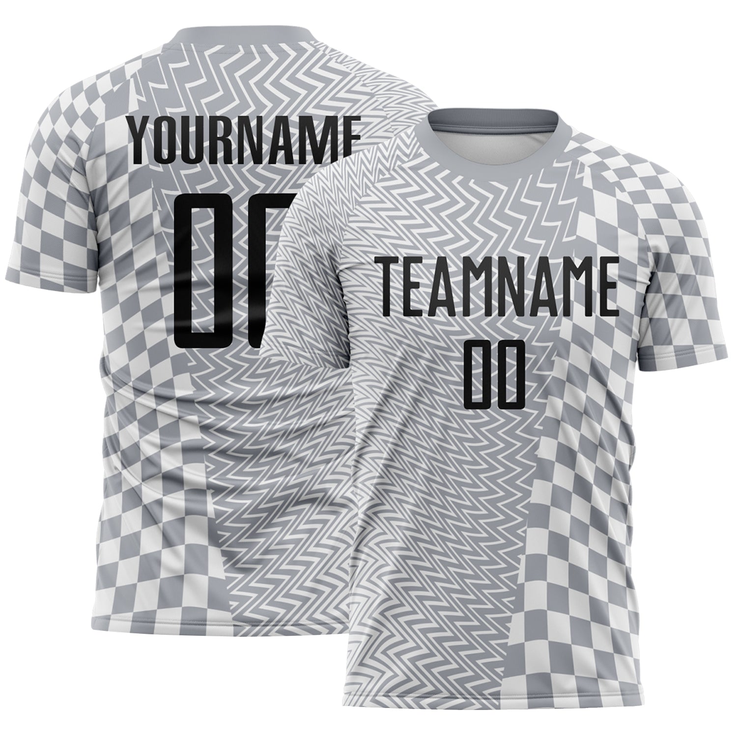 Custom Gray Black-White Geometric Patchwork Asymmetry Checkered Zigzag Lines Sublimation Soccer Uniform Jersey