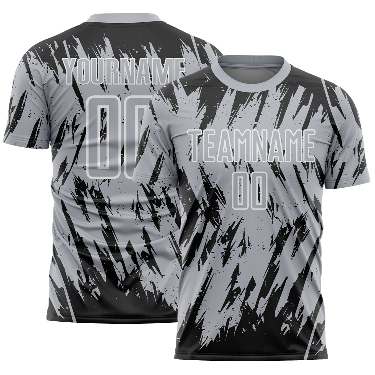 Custom Gray Black-White Splatter Torn Sharp Brush Stroke Sublimation Soccer Uniform Jersey