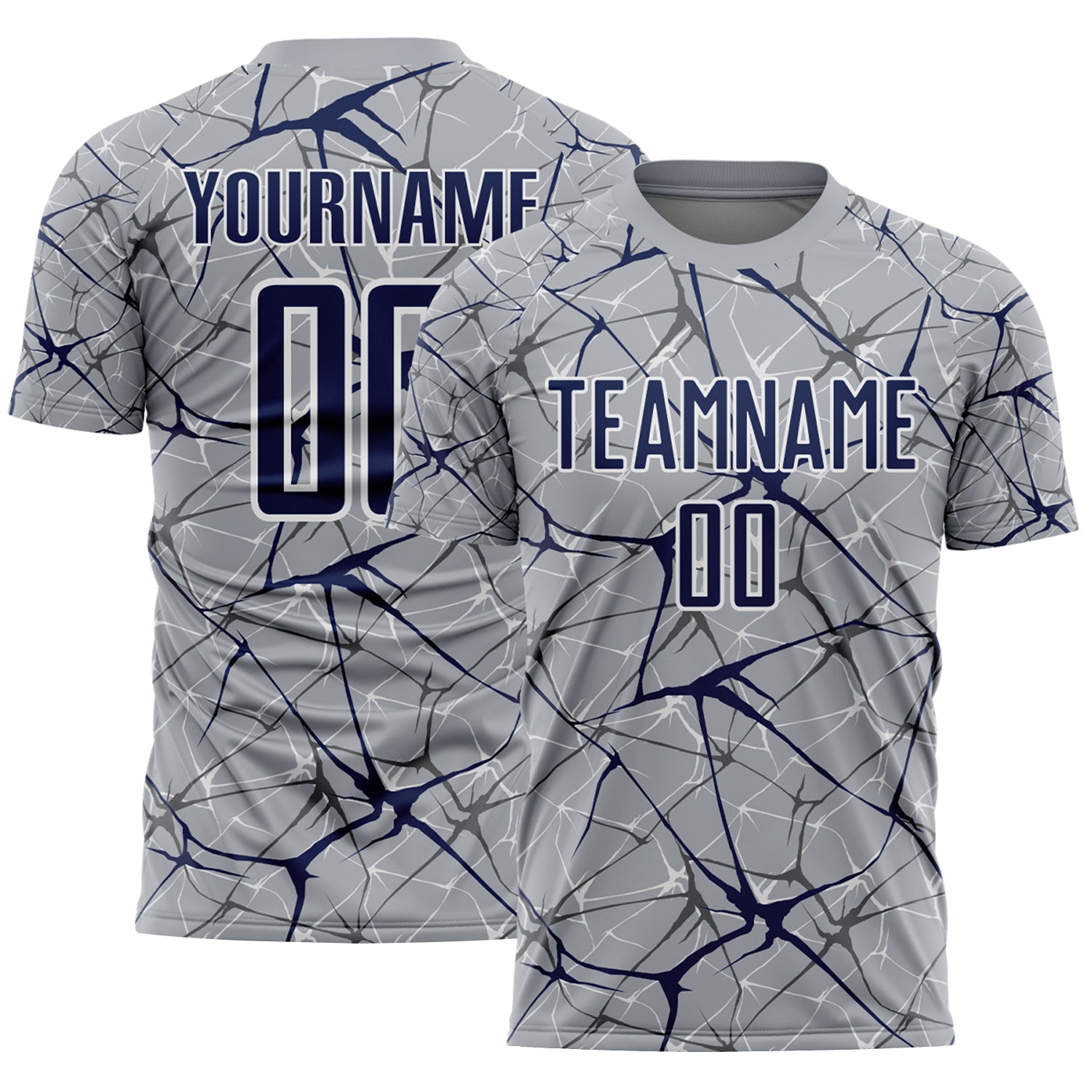 Custom Gray Navy-White Abstract Network Crackle Sublimation Soccer Uniform Jersey