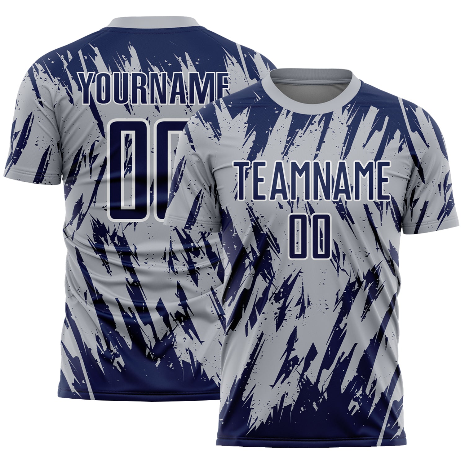 Custom Gray Navy-White Splatter Torn Sharp Brush Stroke Sublimation Soccer Uniform Jersey