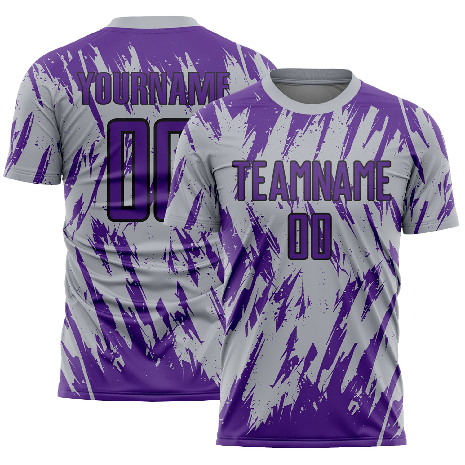 Custom Gray Purple-Black Splatter Torn Sharp Brush Stroke Sublimation Soccer Uniform Jersey