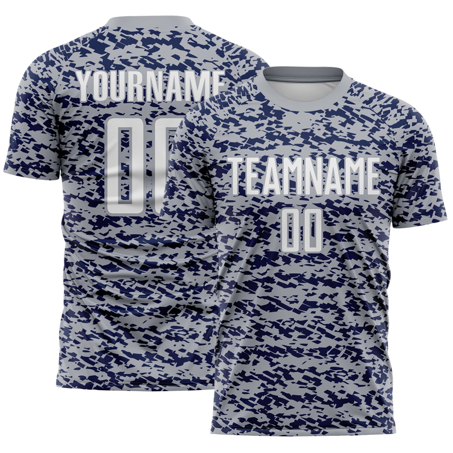 Custom Gray White-Navy Geometric Fragment Splatter Sublimation Soccer Uniform Jersey