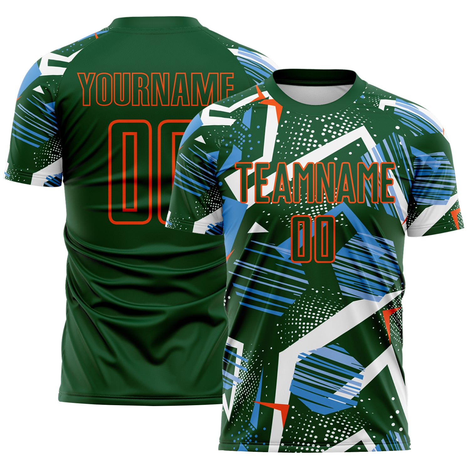 Custom Green Blue White-Orange Geometric Asymmetry Shatter Sublimation Soccer Uniform Jersey