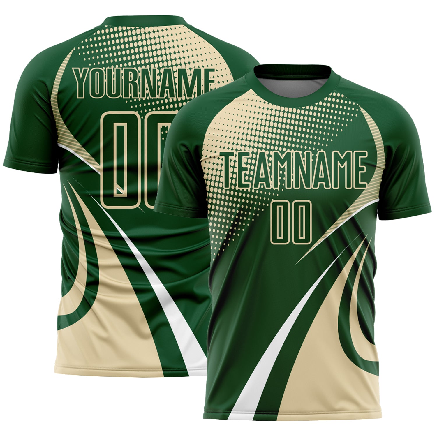 Custom Green Cream-White Halftone Dot Dynamic Curve Stripe Sublimation Soccer Uniform Jersey