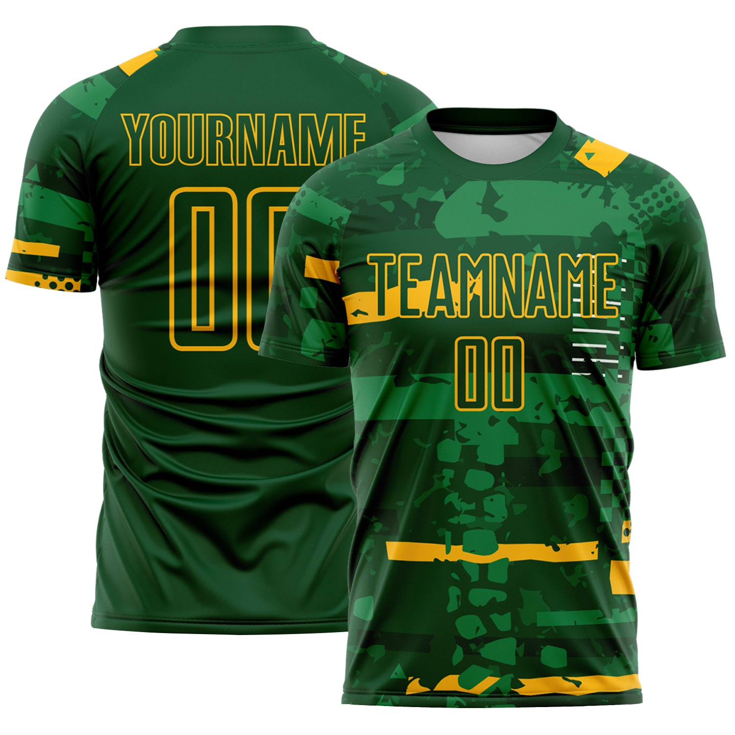 Custom Green-Gold Abstract Geometric Stripe Fragment Sublimation Soccer Uniform Jersey