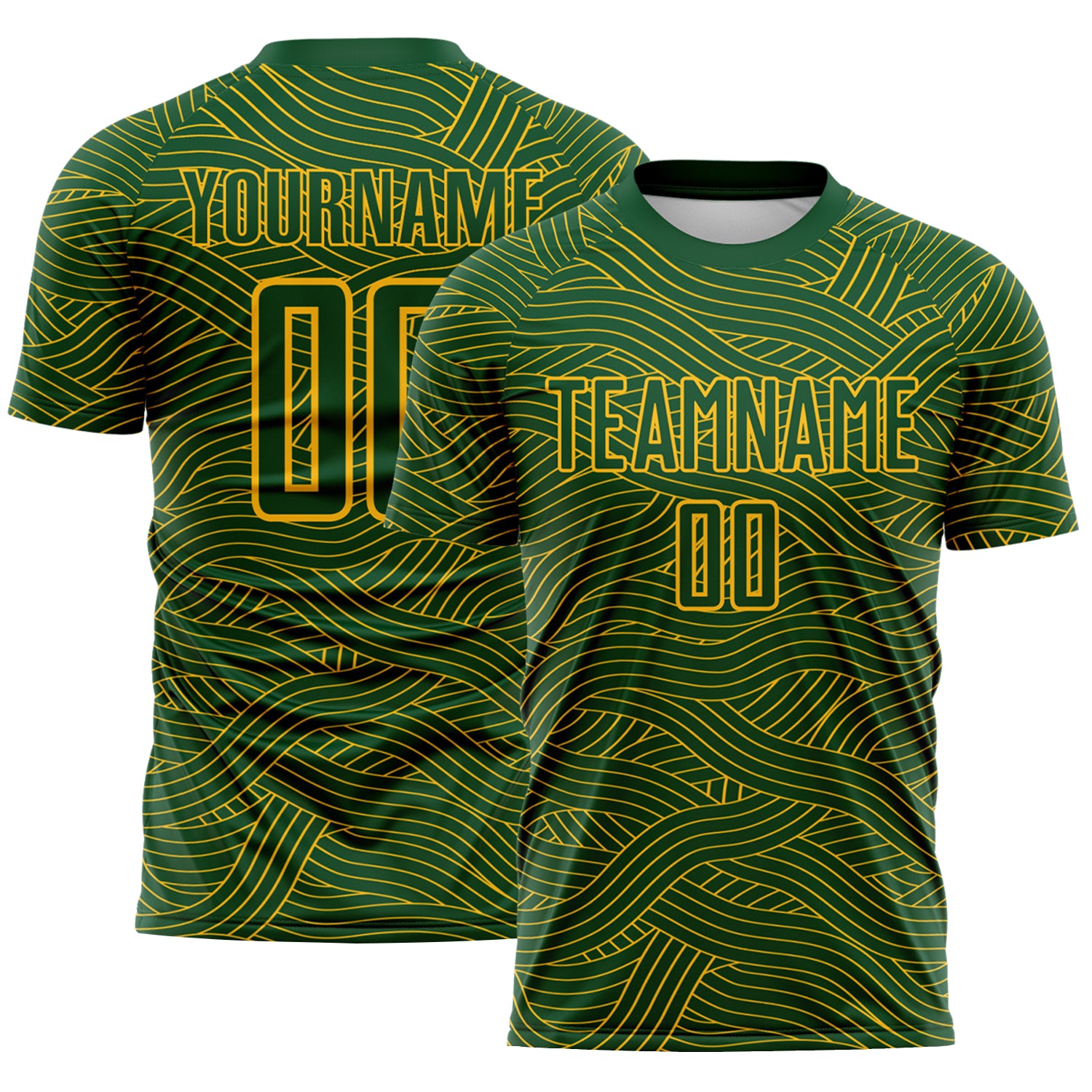 Custom Green-Gold Abstract Wave Lines Interlocking Sublimation Soccer Uniform Jersey