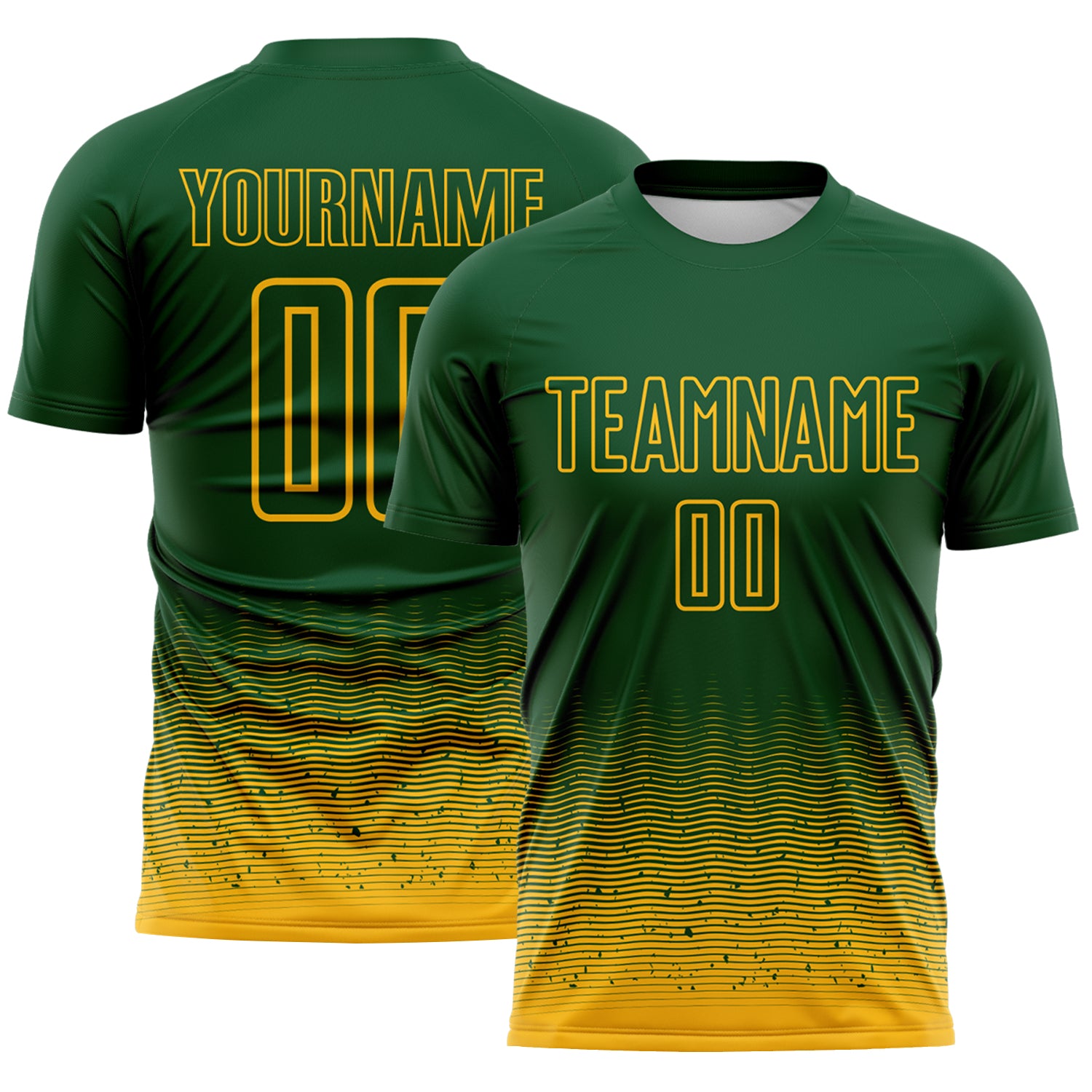 Custom Green-Gold Fade Wave Lines Splatter Sublimation Soccer Uniform Jersey