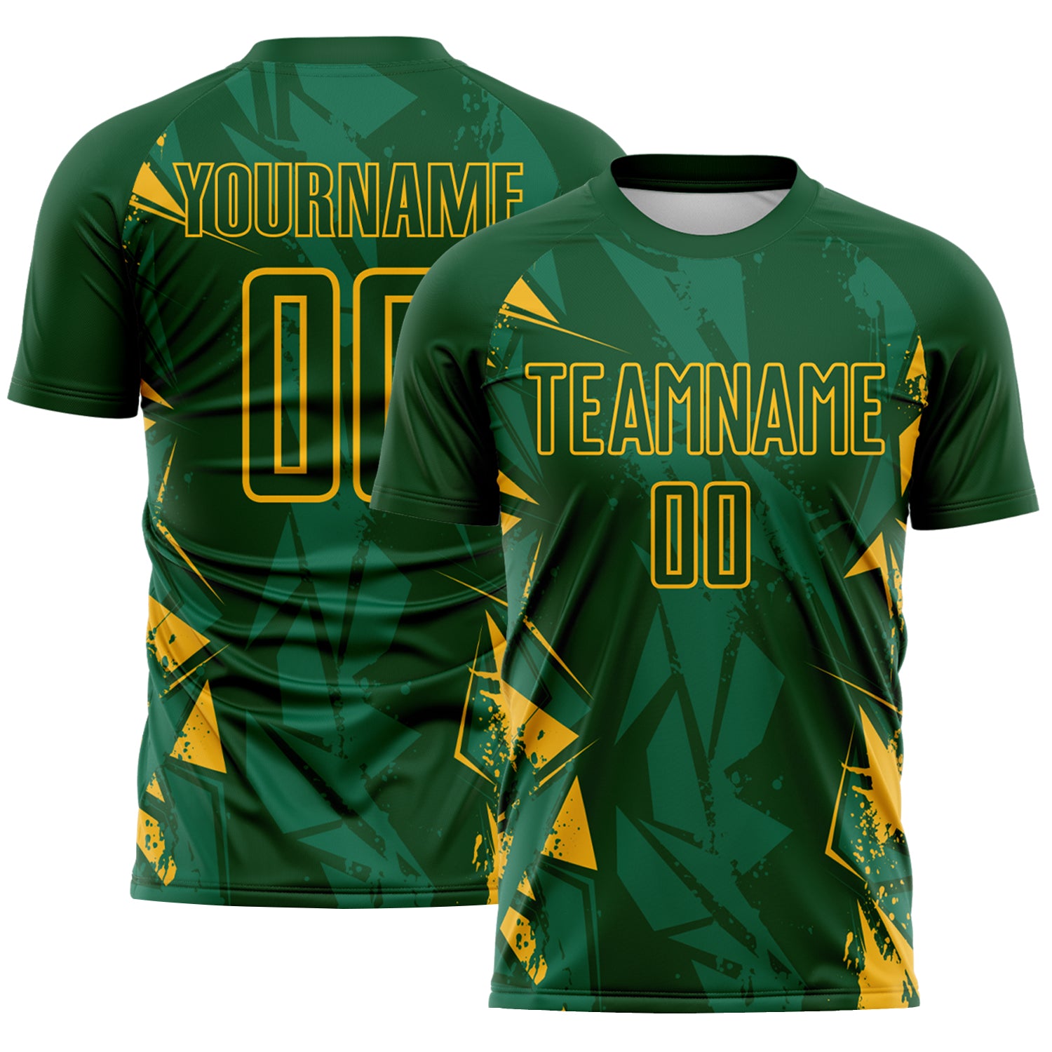 Custom Green-Gold Geometric Shard Grunge Splash Sublimation Soccer Uniform Jersey