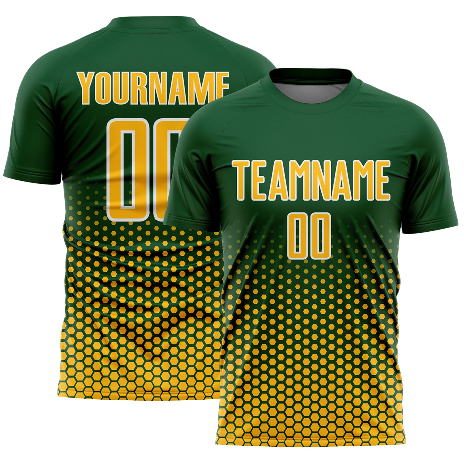 Custom Green Gold-White Geometric Hexagonal Dot Gradient Sublimation Soccer Uniform Jersey