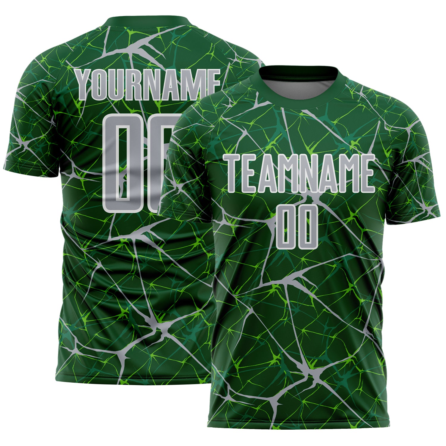 Custom Green Gray-White Abstract Network Crackle Sublimation Soccer Uniform Jersey