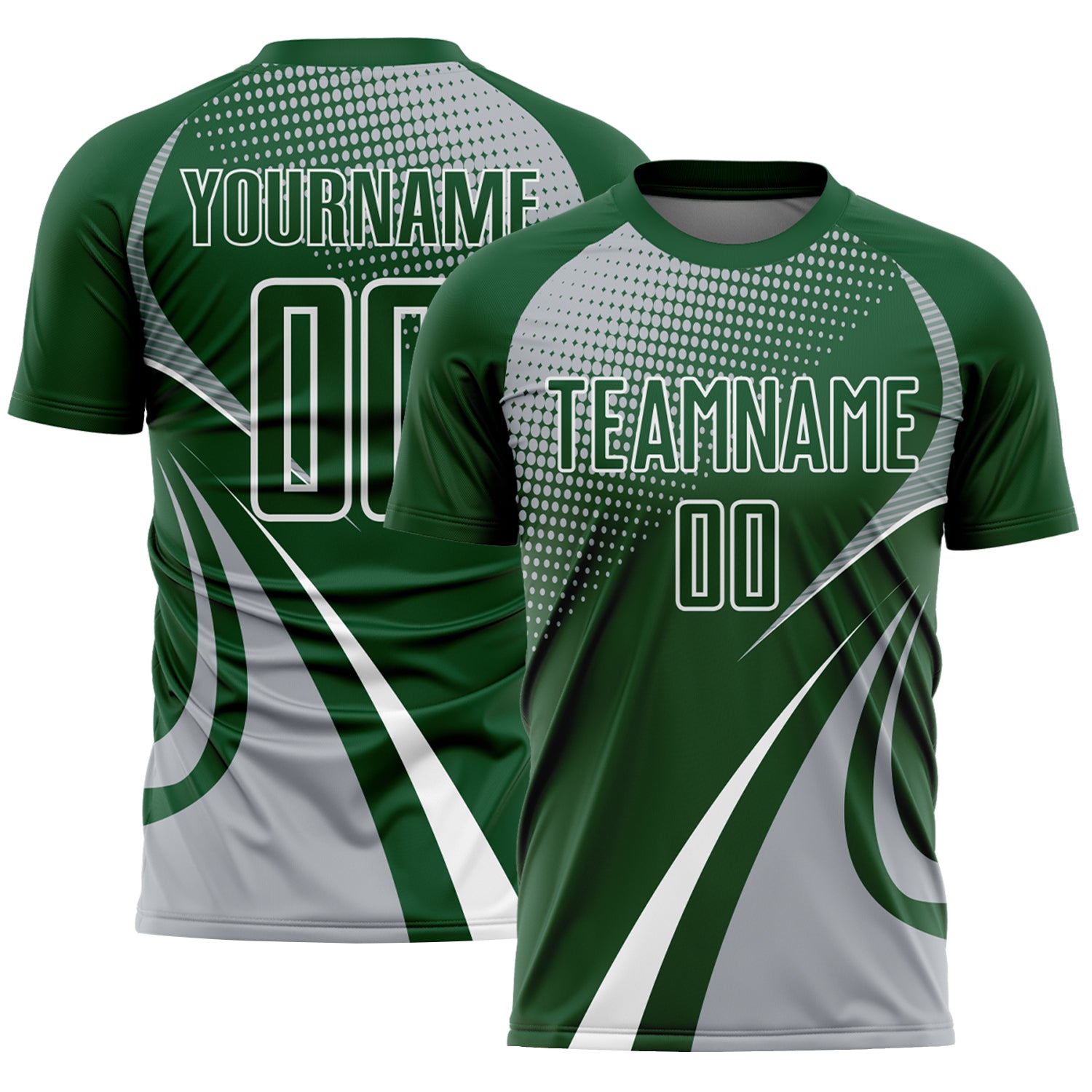 Custom Green Gray-White Halftone Dot Dynamic Curve Stripe Sublimation Soccer Uniform Jersey
