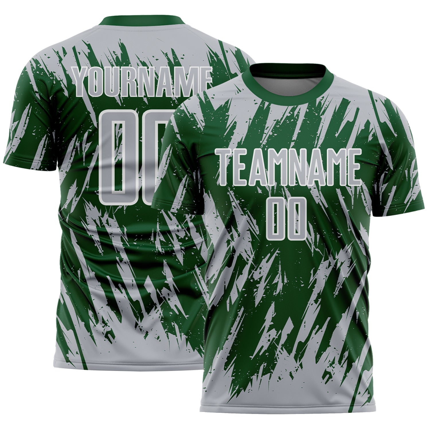 Custom Green Gray-White Splatter Torn Sharp Brush Stroke Sublimation Soccer Uniform Jersey