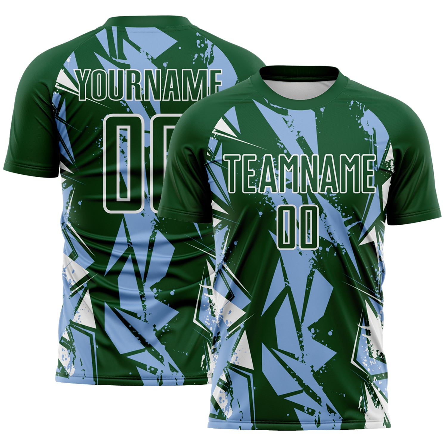Custom Green Light Blue-White Geometric Shard Grunge Splash Sublimation Soccer Uniform Jersey