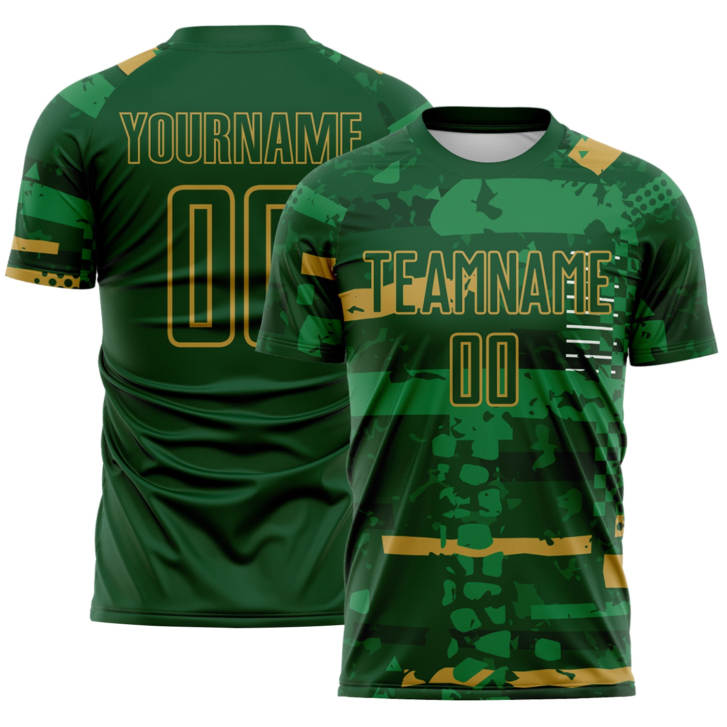 Custom Green-Old Gold Abstract Geometric Stripe Fragment Sublimation Soccer Uniform Jersey