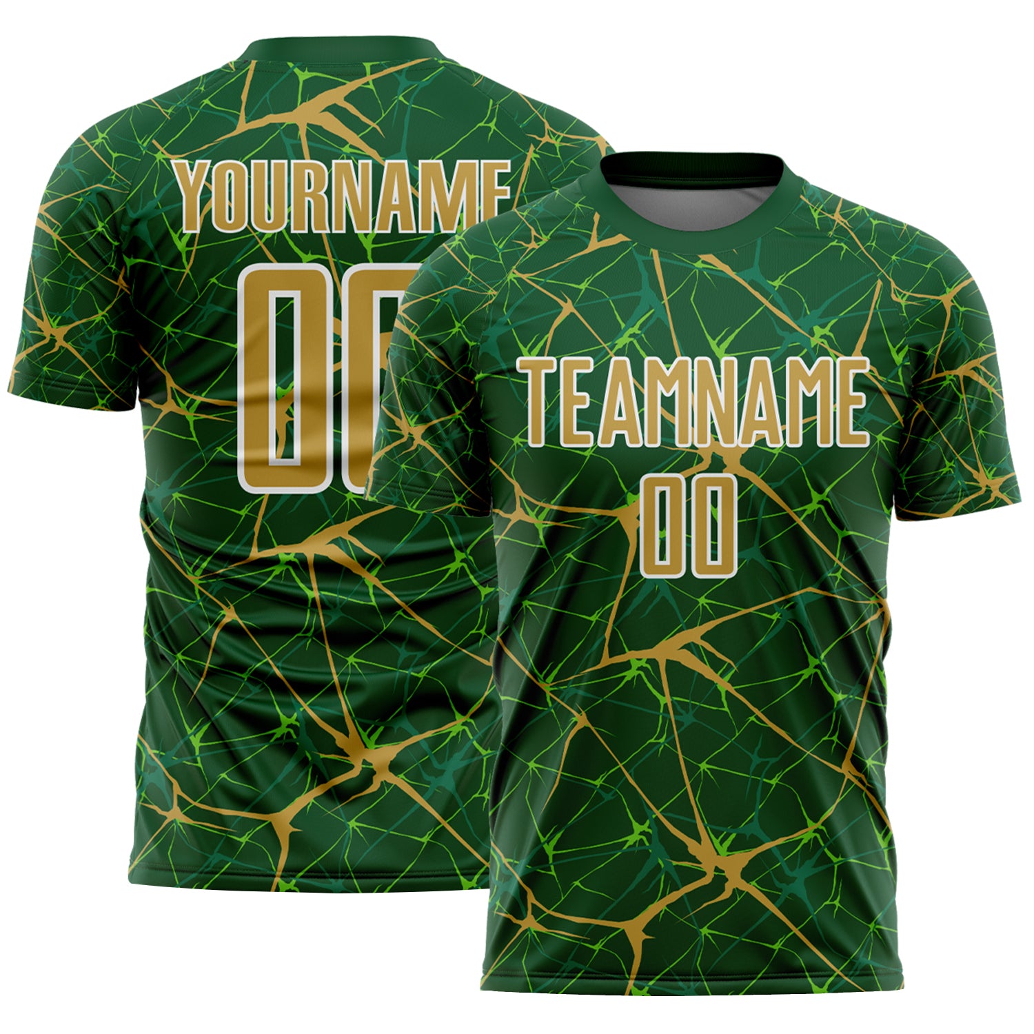 Custom Green Old Gold-White Abstract Network Crackle Sublimation Soccer Uniform Jersey