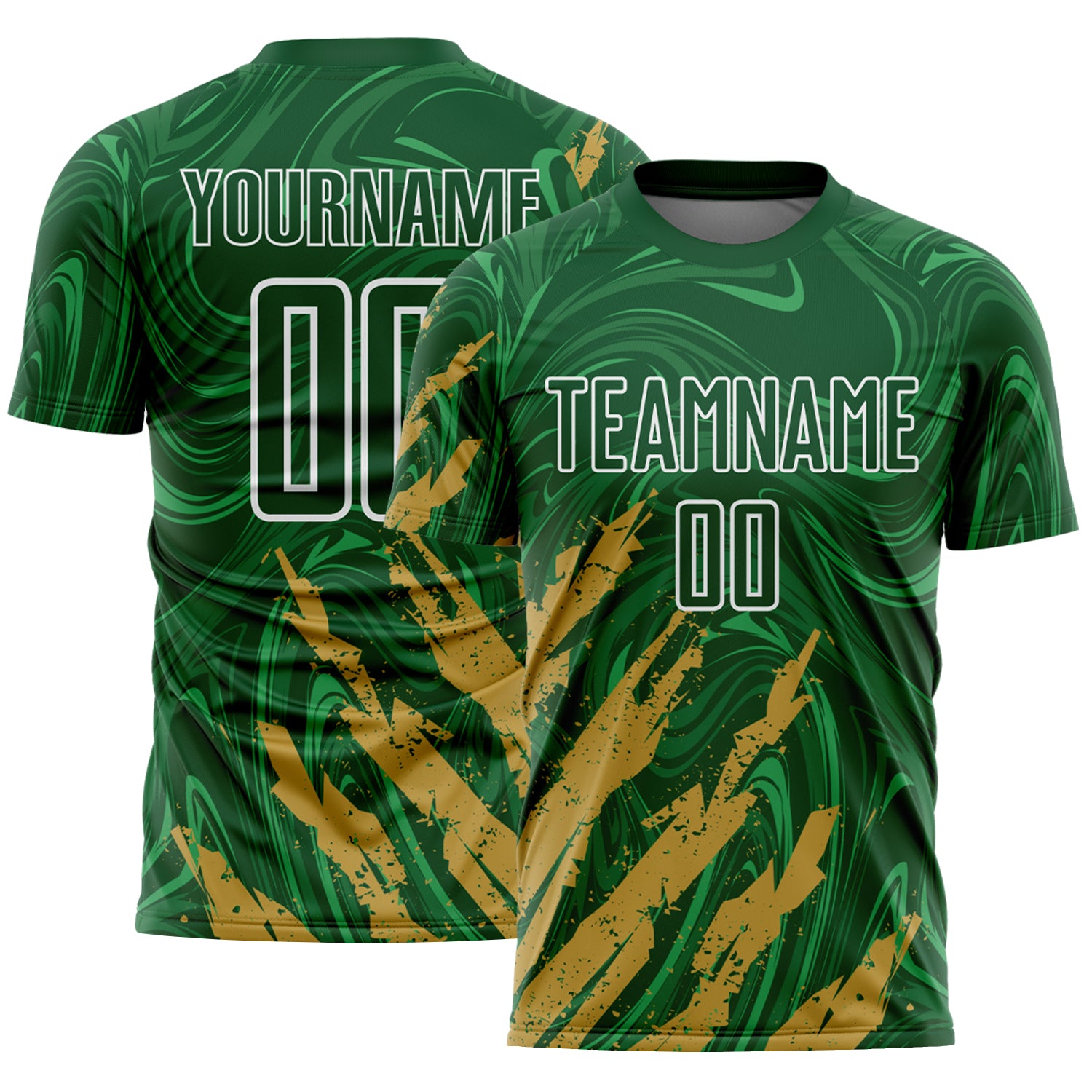 Custom Green Old Gold-White Brush Stroke Splatter Liquid Swirl Sublimation Soccer Uniform Jersey