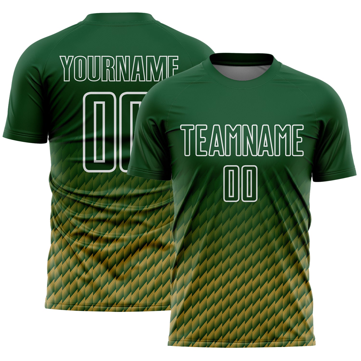 Custom Green Old Gold-White Geometric Wave Gradient Sublimation Soccer Uniform Jersey