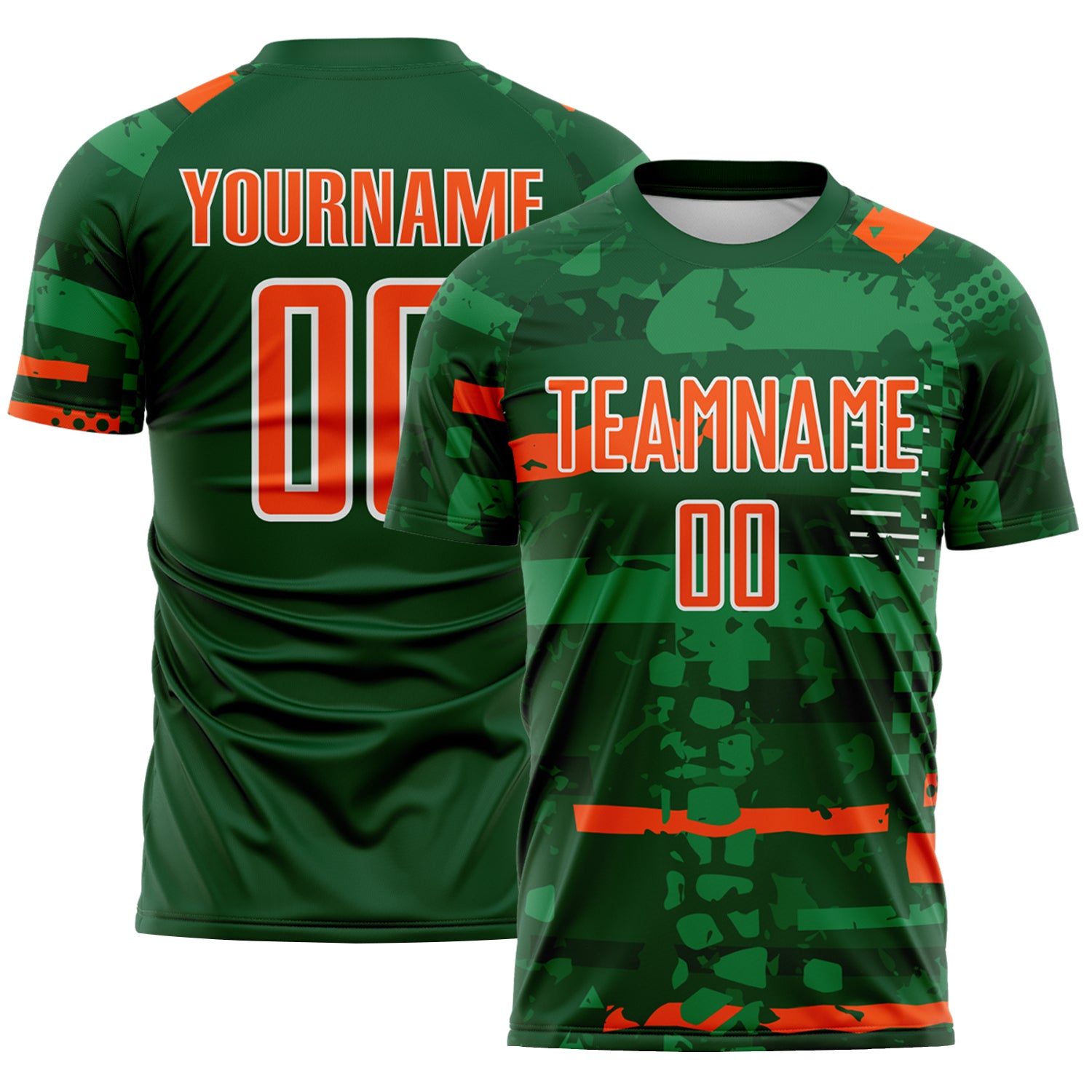 Custom Green Orange-White Abstract Geometric Stripe Fragment Sublimation Soccer Uniform Jersey
