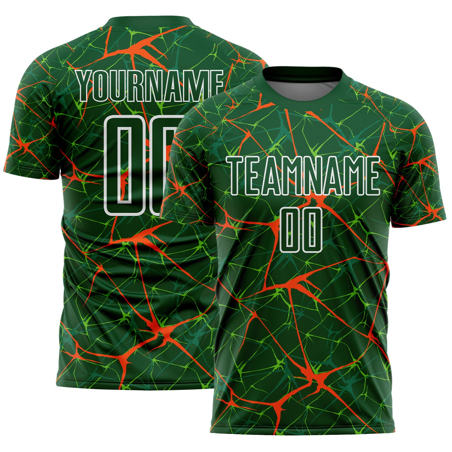 Custom Green Orange-White Abstract Network Crackle Sublimation Soccer Uniform Jersey