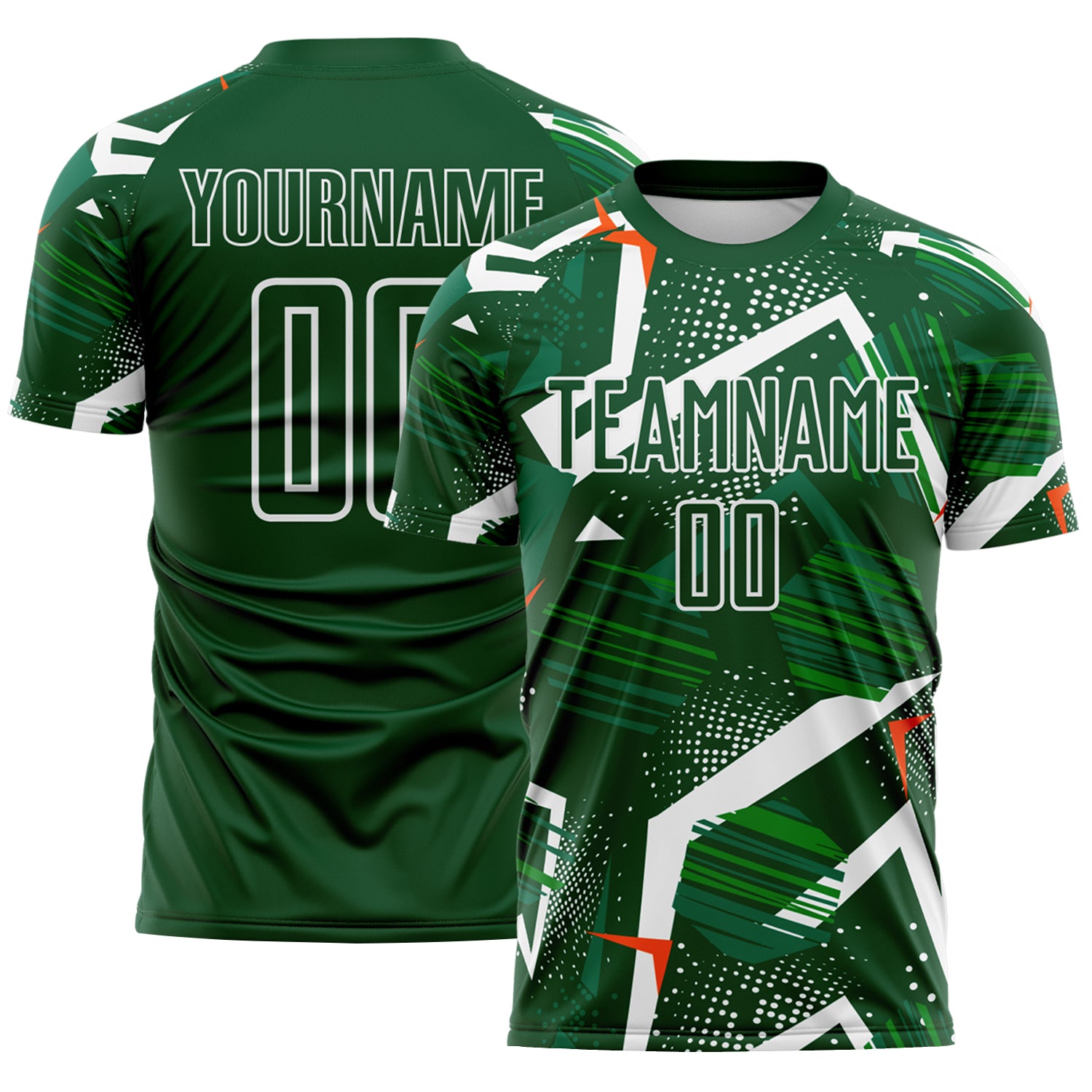 Custom Green Orange-White Geometric Asymmetry Shatter Sublimation Soccer Uniform Jersey