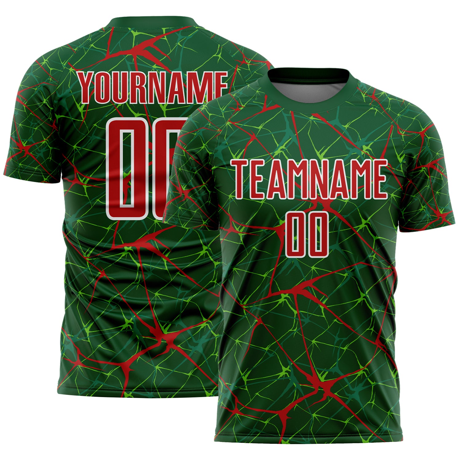 Custom Green Red-White Abstract Network Crackle Sublimation Soccer Uniform Jersey