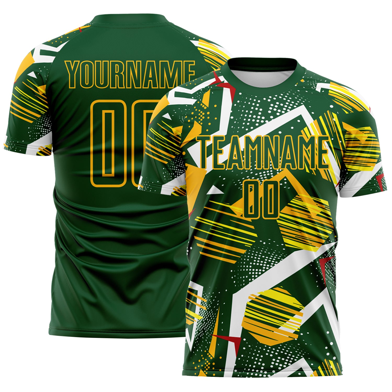Custom Green Red White-Gold Geometric Asymmetry Shatter Sublimation Soccer Uniform Jersey