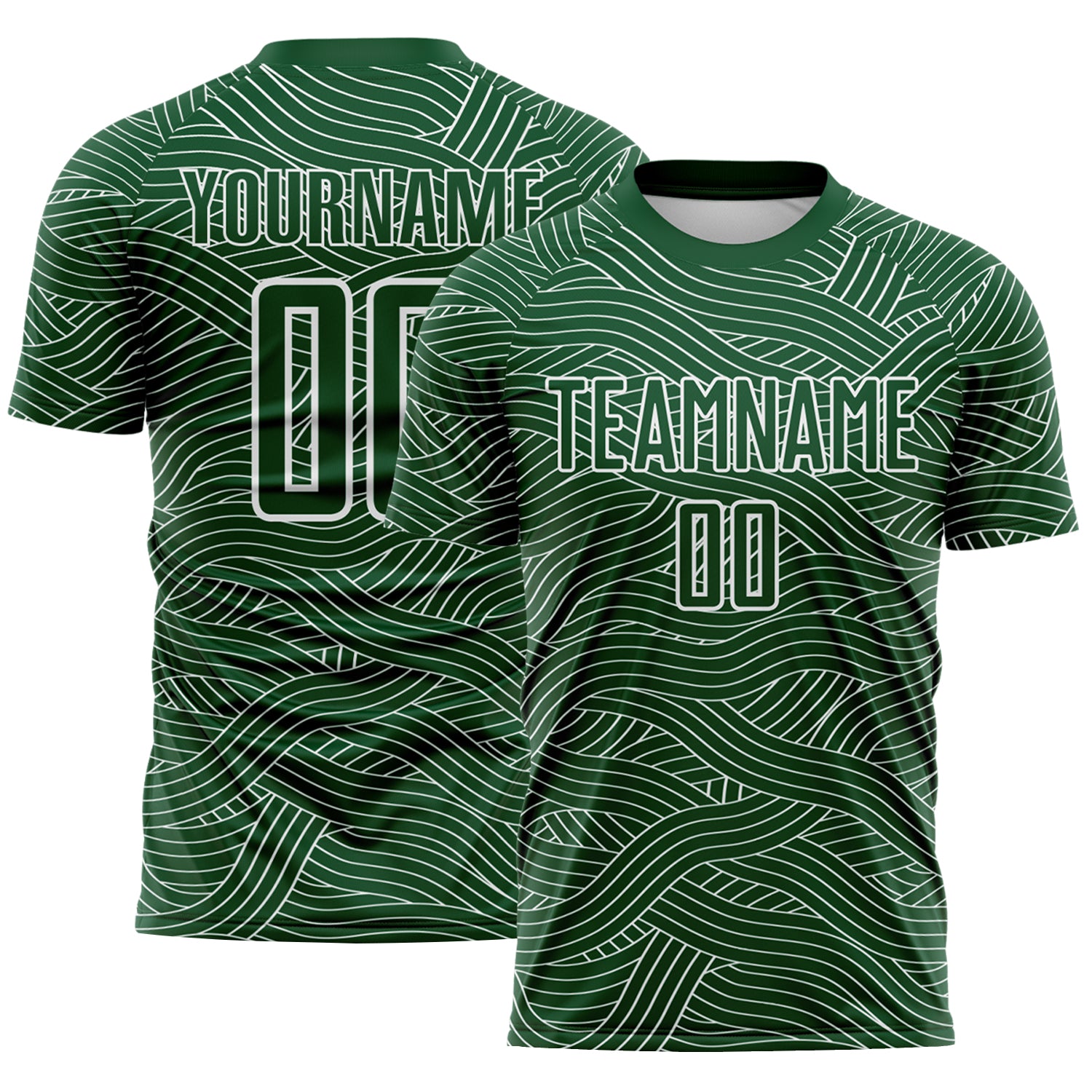 Custom Green-White Abstract Wave Lines Interlocking Sublimation Soccer Uniform Jersey