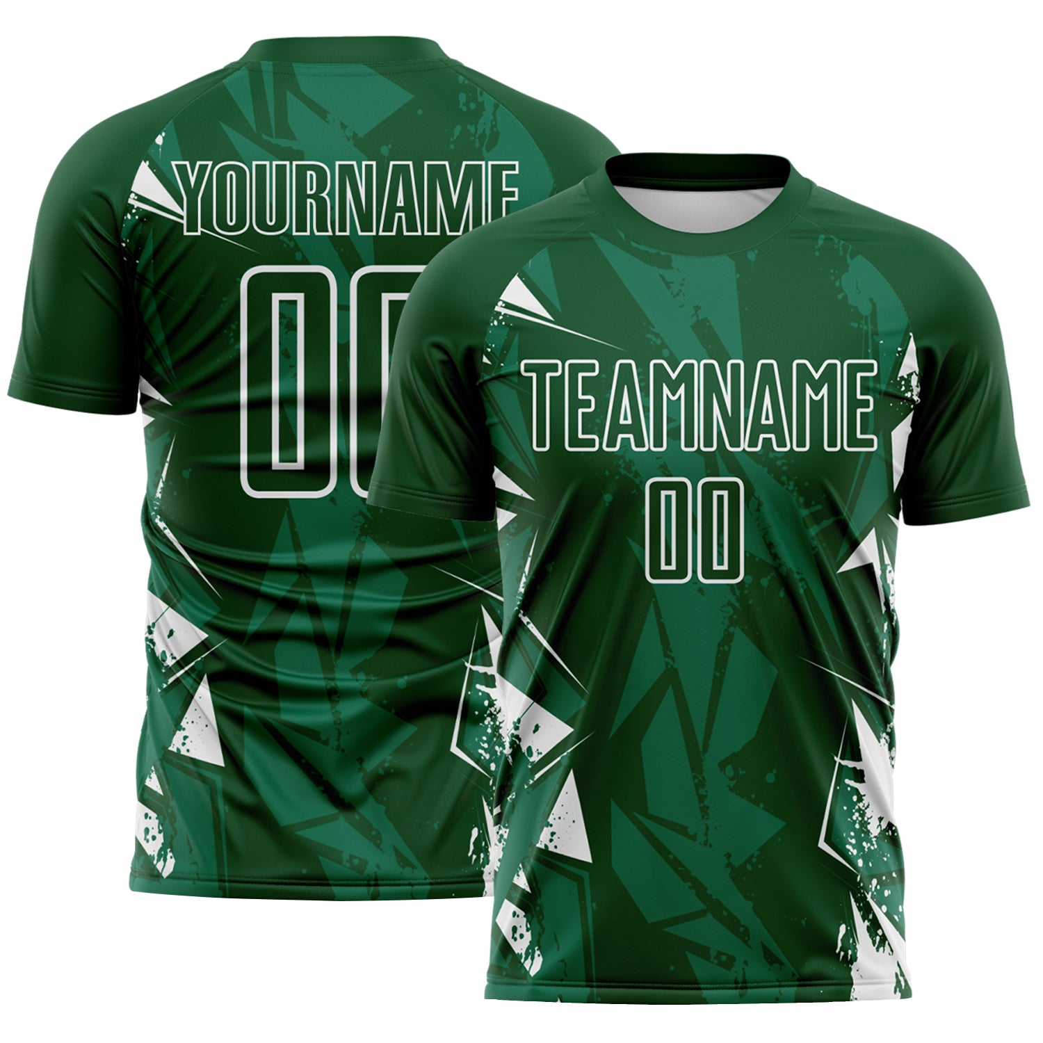 Custom Green-White Geometric Shard Grunge Splash Sublimation Soccer Uniform Jersey
