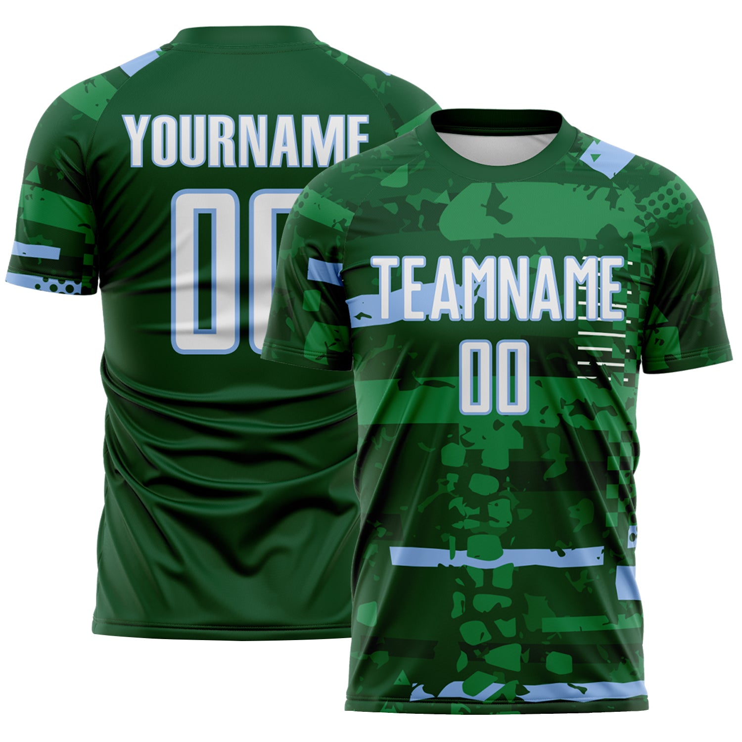 Custom Green White-Light Blue Abstract Geometric Stripe Fragment Sublimation Soccer Uniform Jersey