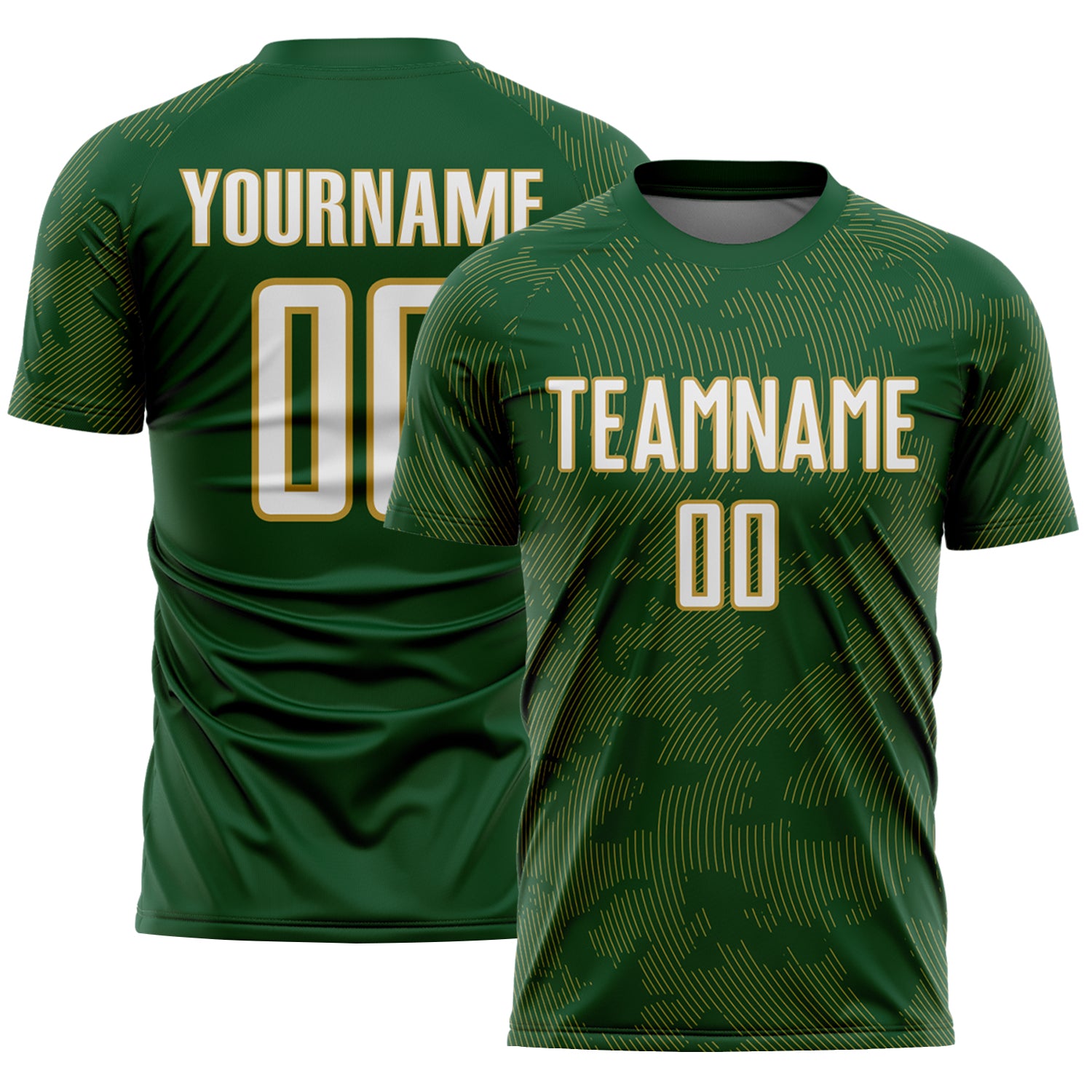 Custom Green White-Old Gold Curve Lines Sublimation Soccer Uniform Jersey
