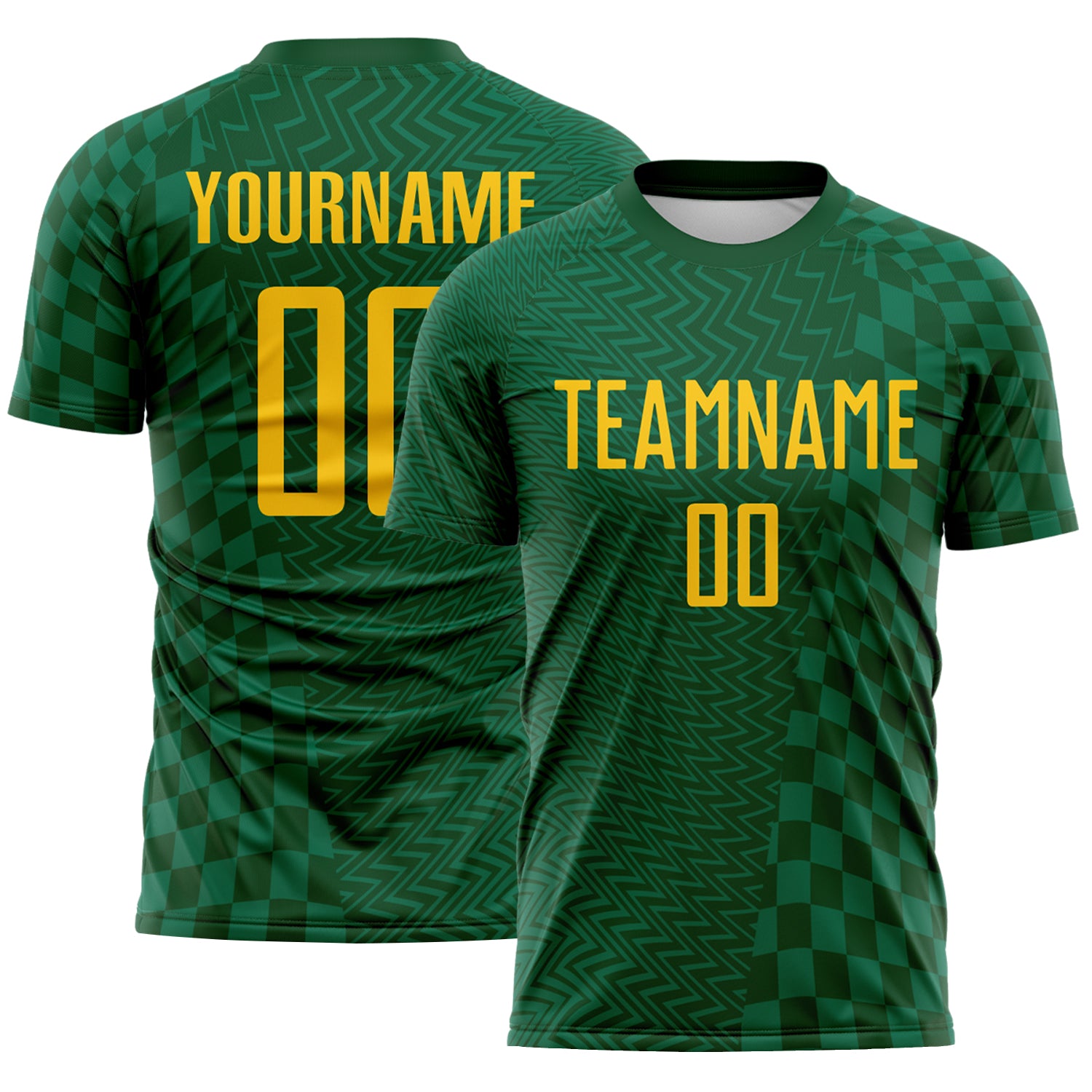 Custom Green-Yellow Geometric Patchwork Asymmetry Checkered Zigzag Lines Sublimation Soccer Uniform Jersey