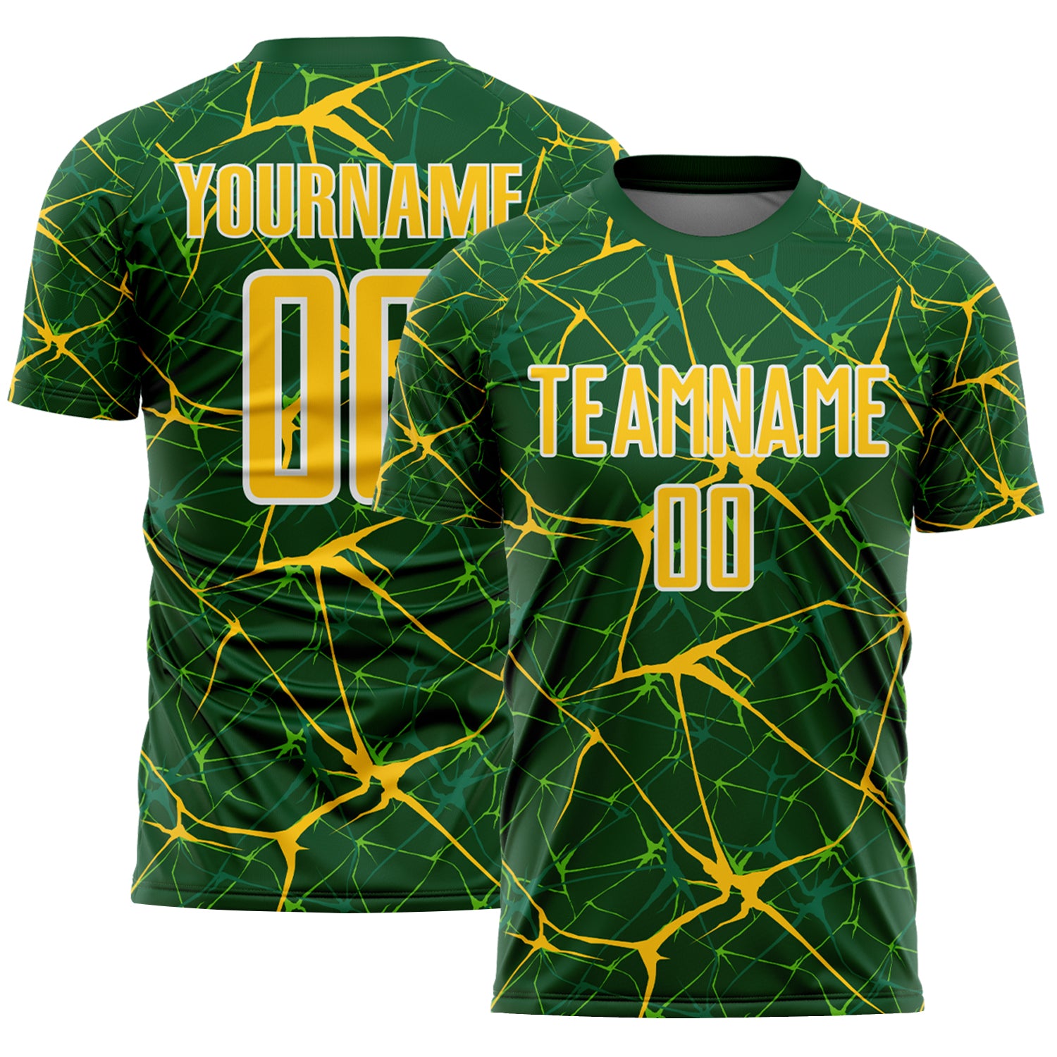 Custom Green Yellow-White Abstract Network Crackle Sublimation Soccer Uniform Jersey