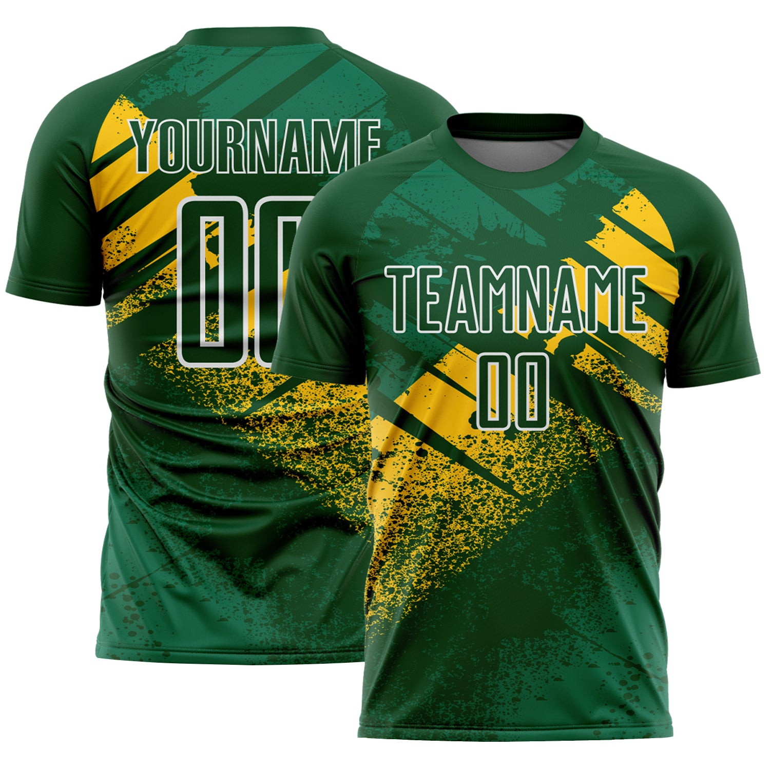 Custom Green Yellow-White Grunge Splatter Brush Stroke Sublimation Soccer Uniform Jersey
