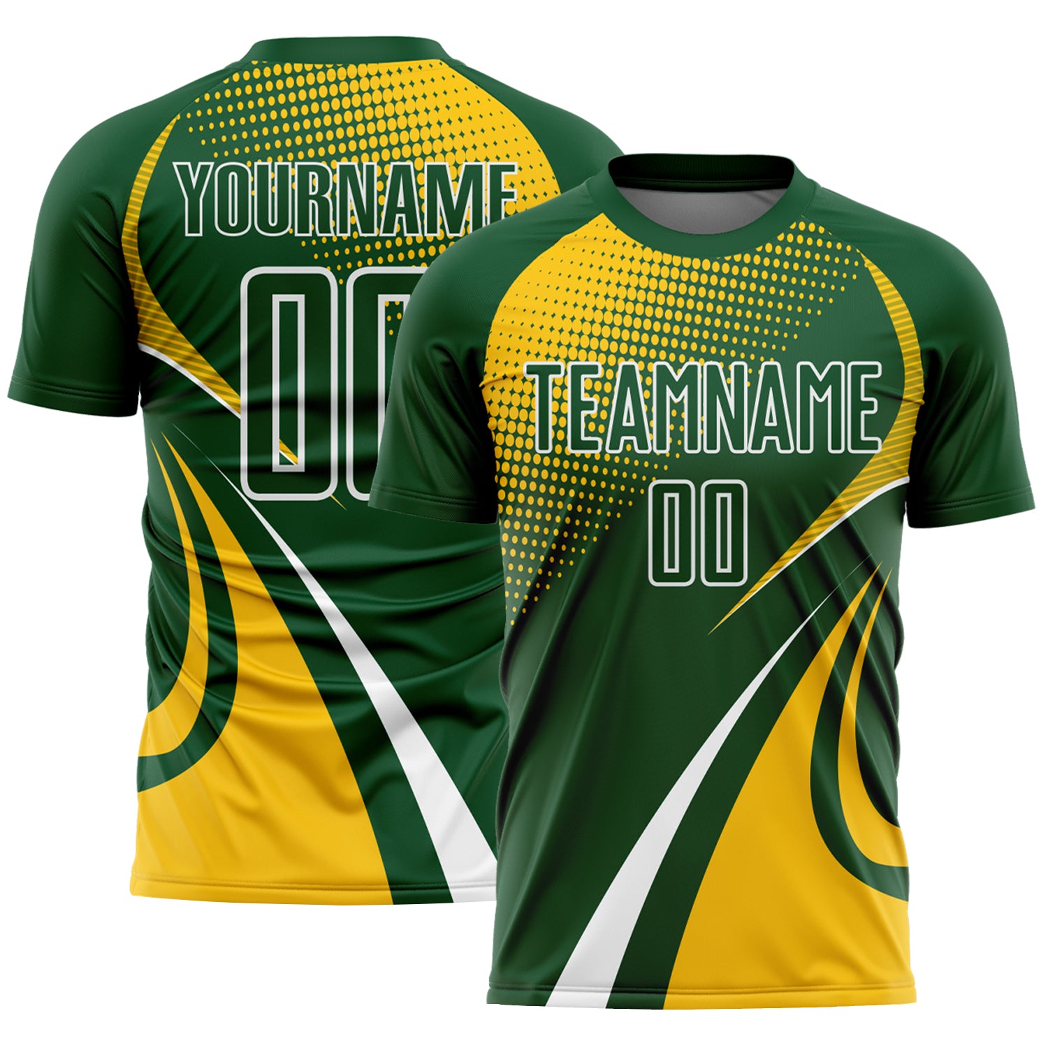 Custom Green Yellow-White Halftone Dot Dynamic Curve Stripe Sublimation Soccer Uniform Jersey