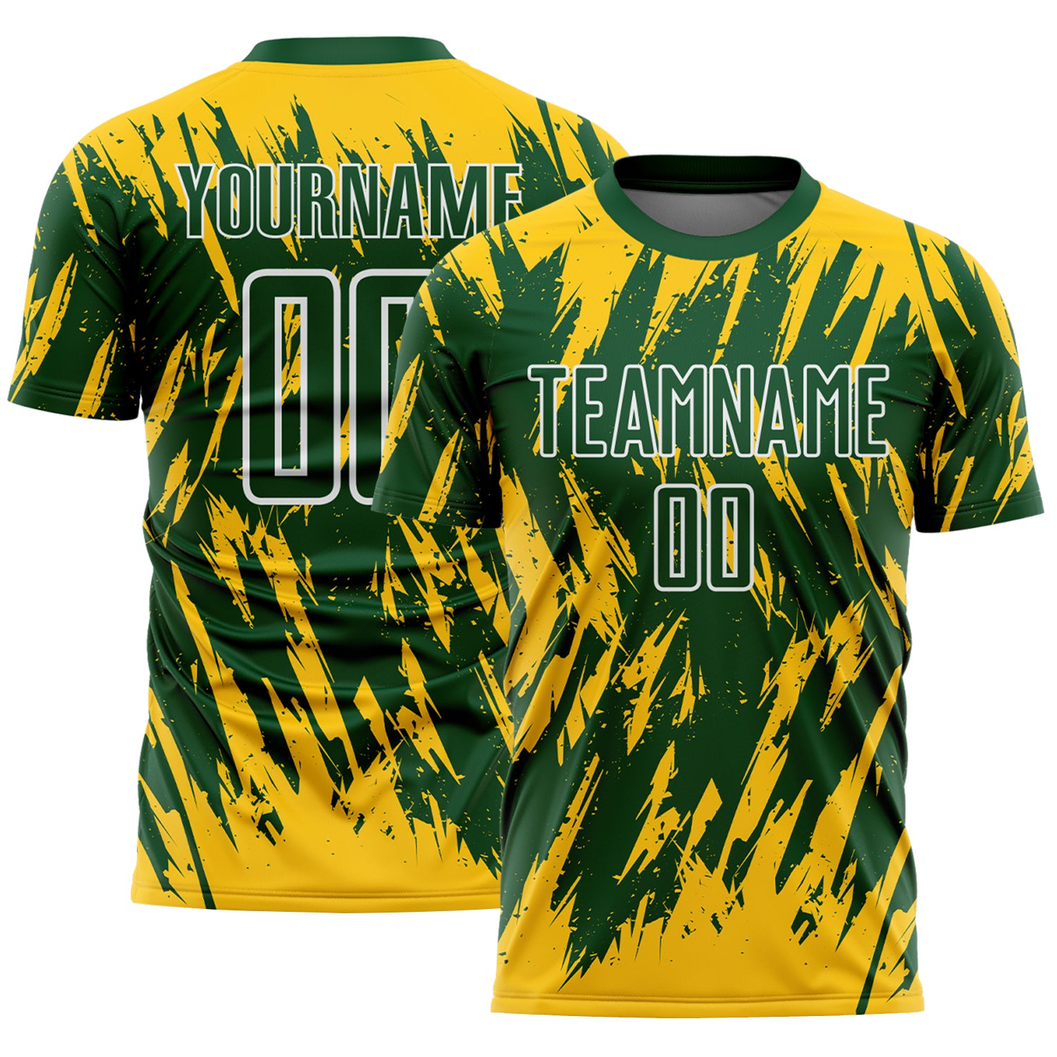 Custom Green Yellow-White Splatter Torn Sharp Brush Stroke Sublimation Soccer Uniform Jersey