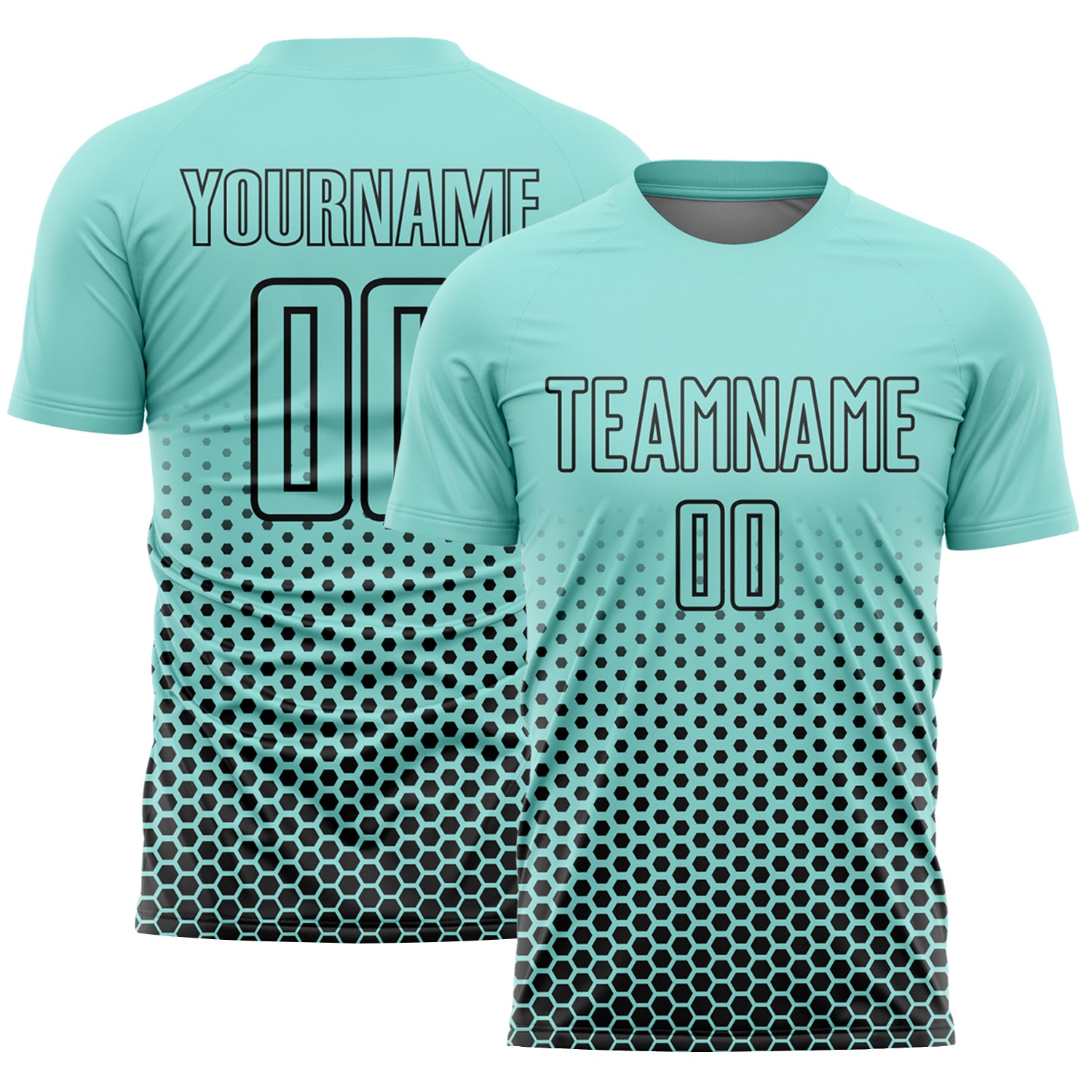 Custom Ice Blue-Black Geometric Hexagonal Dot Gradient Sublimation Soccer Uniform Jersey