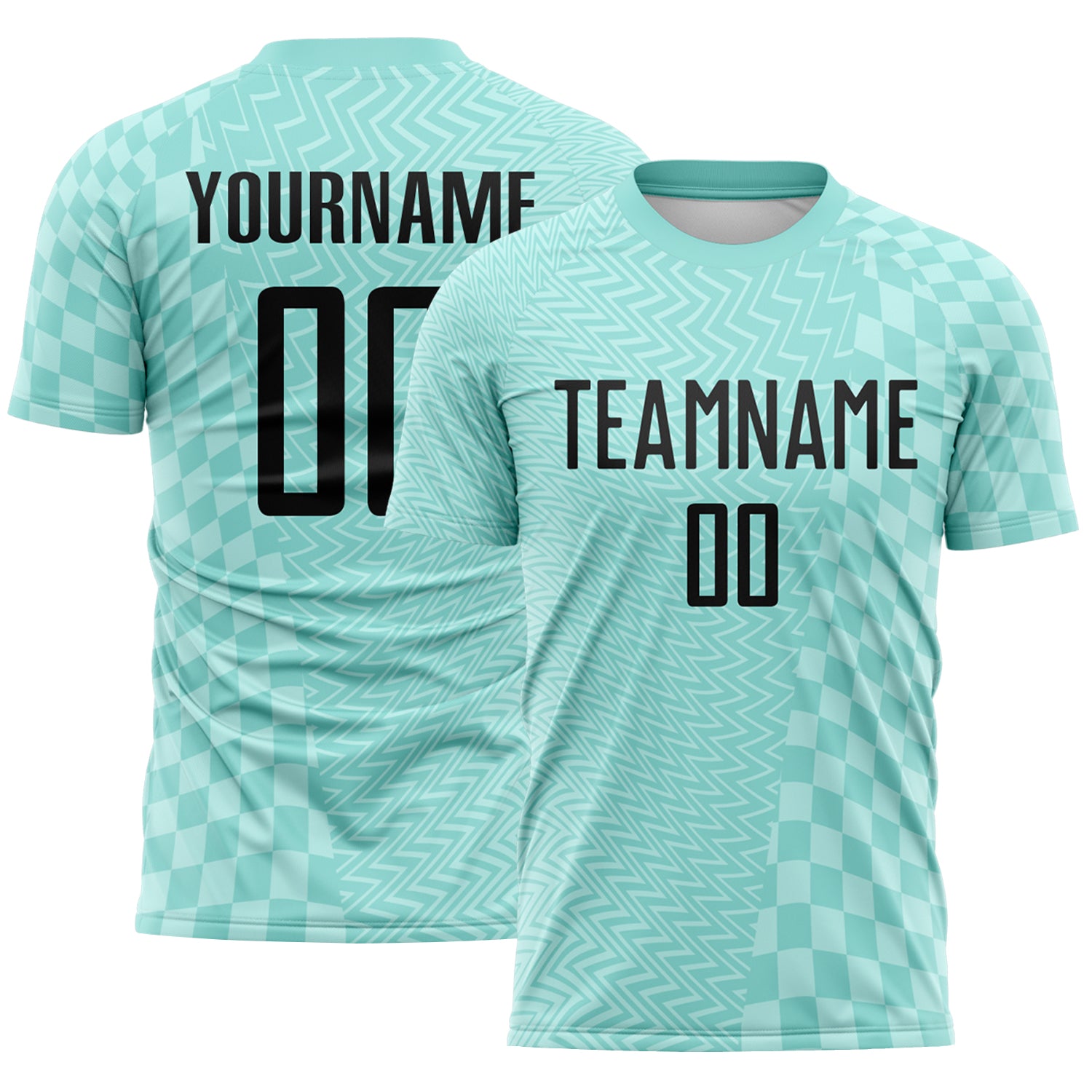 Custom Ice Blue-Black Geometric Patchwork Asymmetry Checkered Zigzag Lines Sublimation Soccer Uniform Jersey