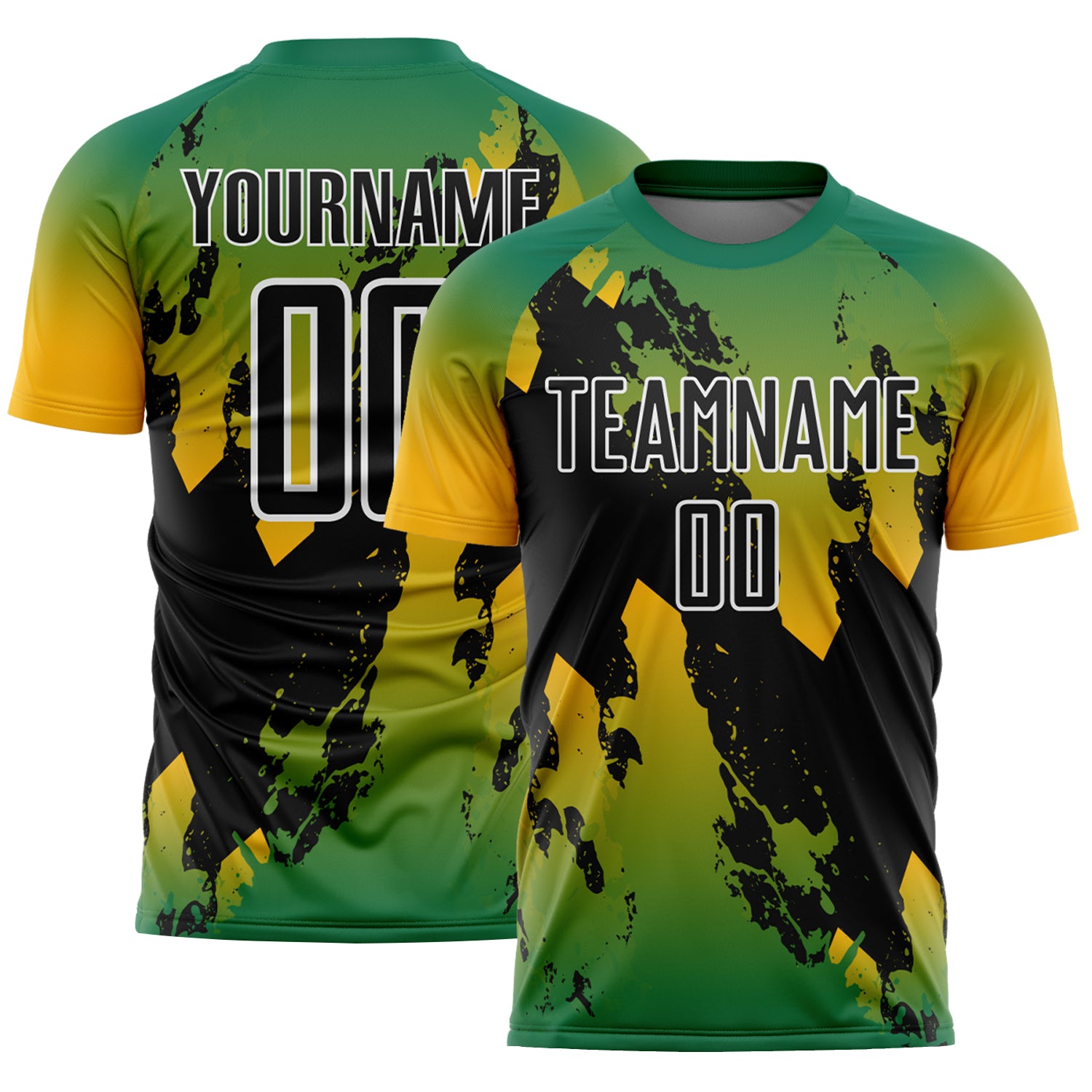 Custom Kelly Green Black Gold-White Gradient Splash Sublimation Soccer Uniform Jersey